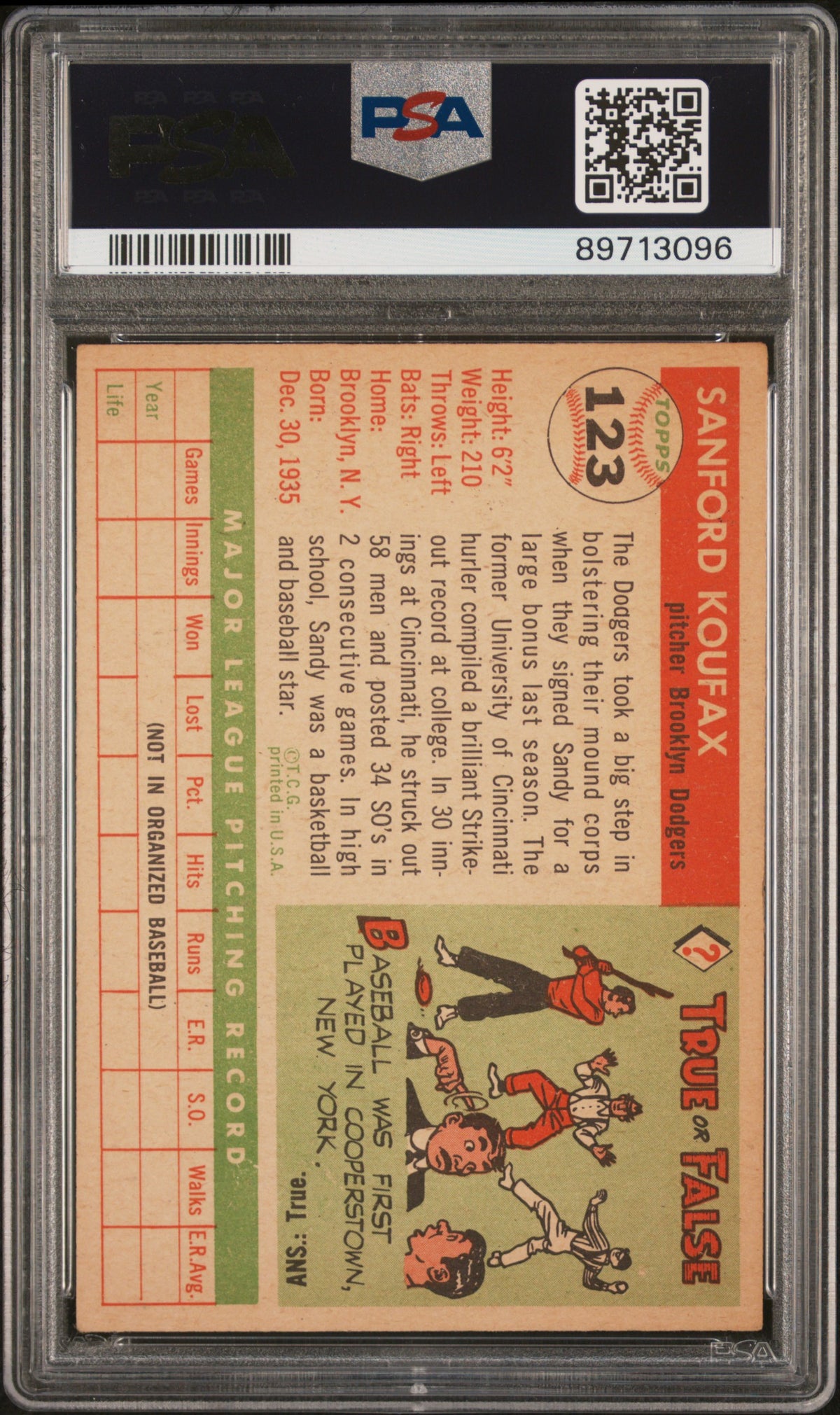 1955 Topps Sandy Koufax #123 PSA 4