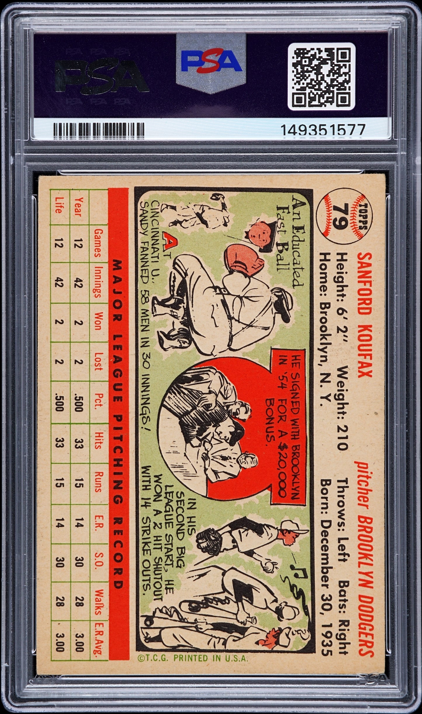 1956 Topps Sandy Koufax #79 White Back PSA 3.5 Auto 10