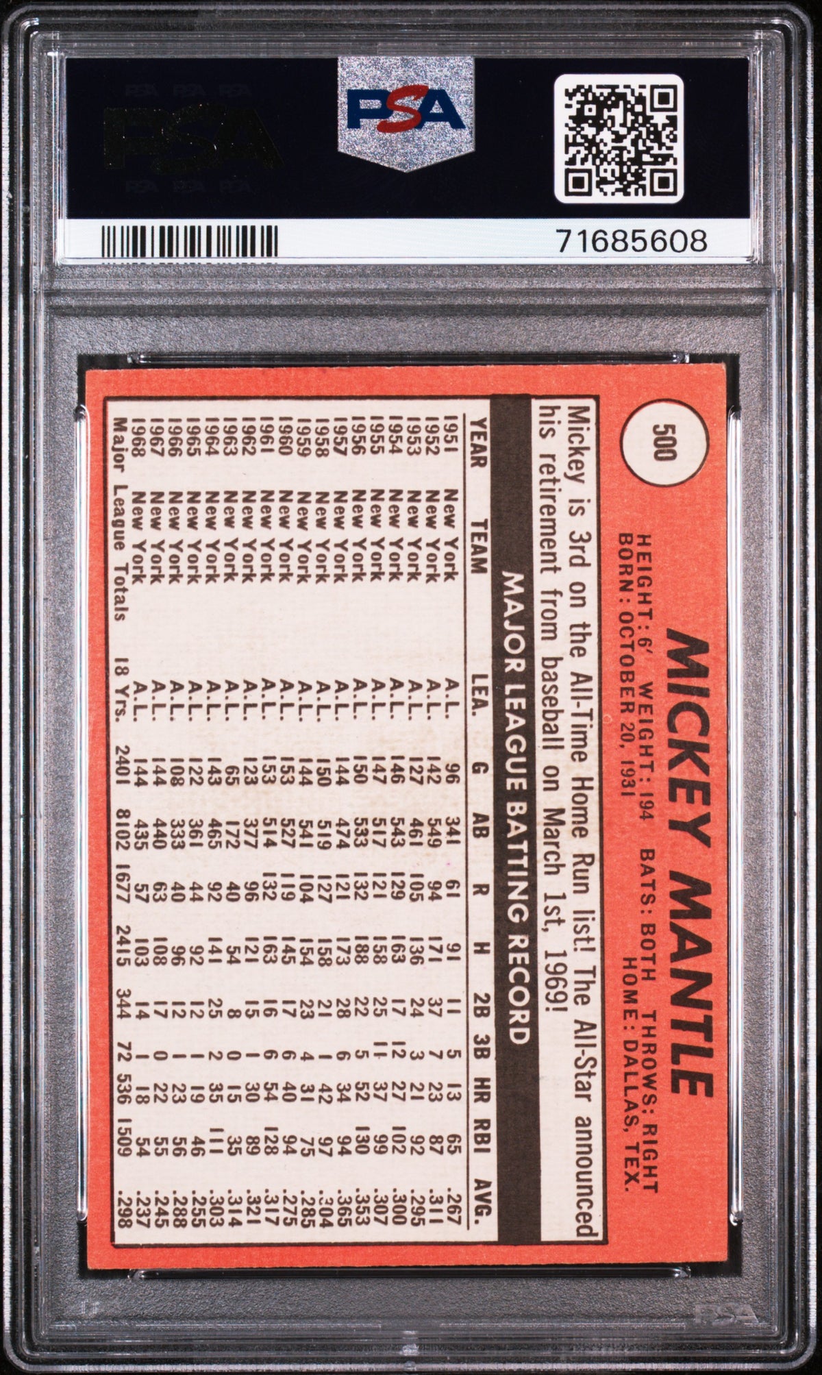 1969 Topps Mickey Mantle #500 Last Name In Yellow PSA 4