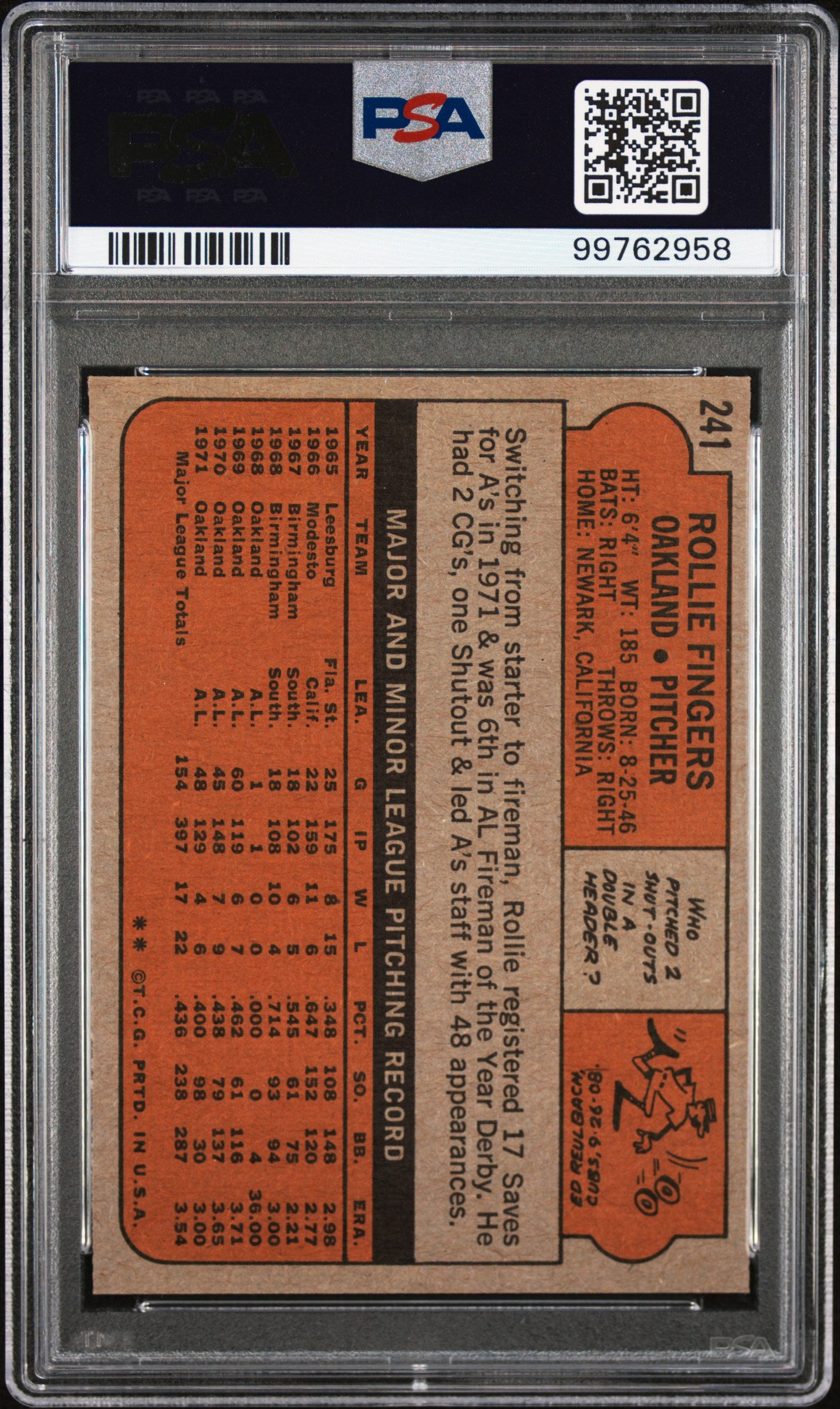1972 Topps Rollie Fingers #241 PSA 9
