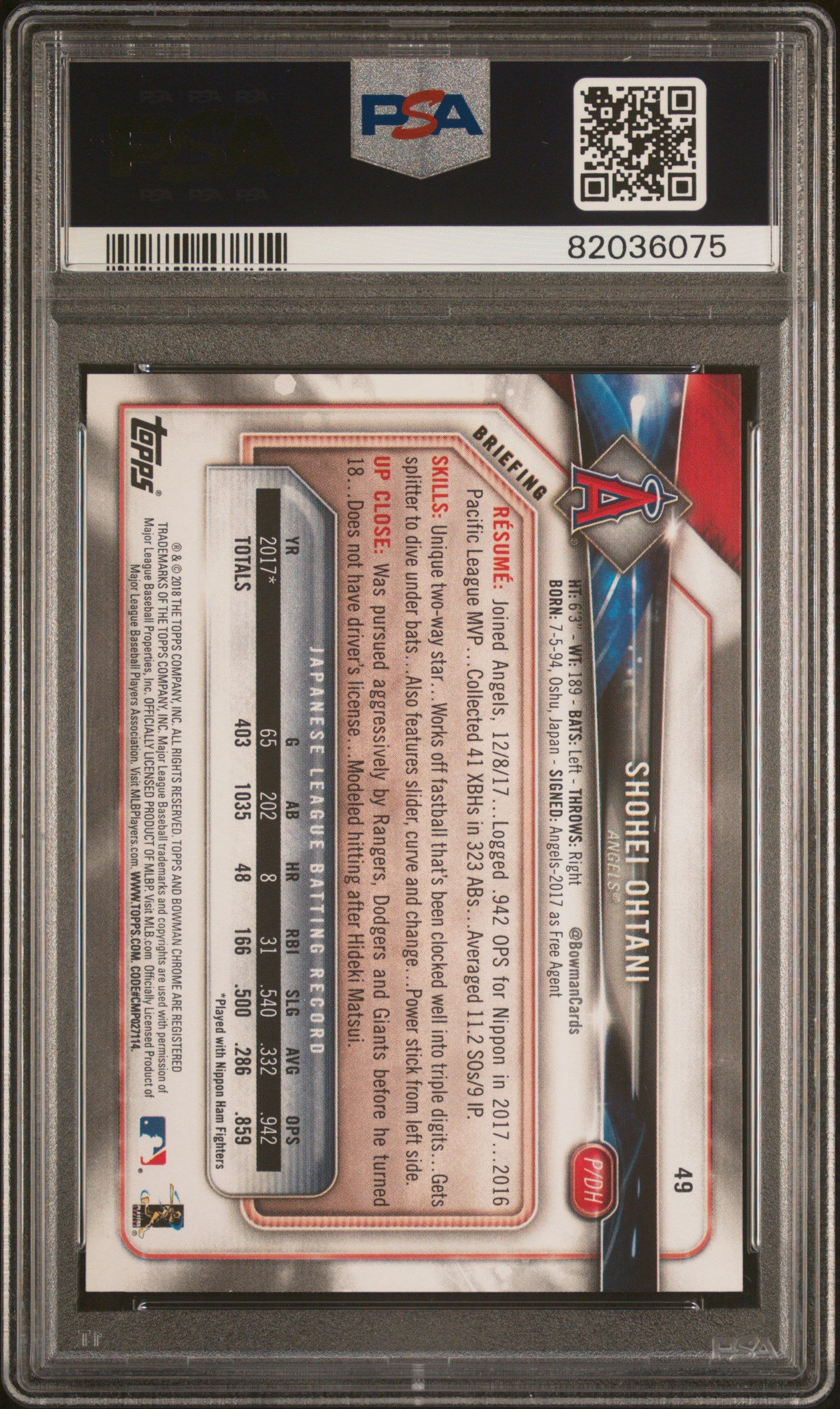 2018 Bowman Shohei Ohtani #49 PSA 10