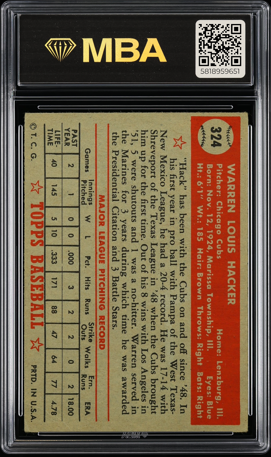 1952 Topps Warren Hacker #324 MBA 3