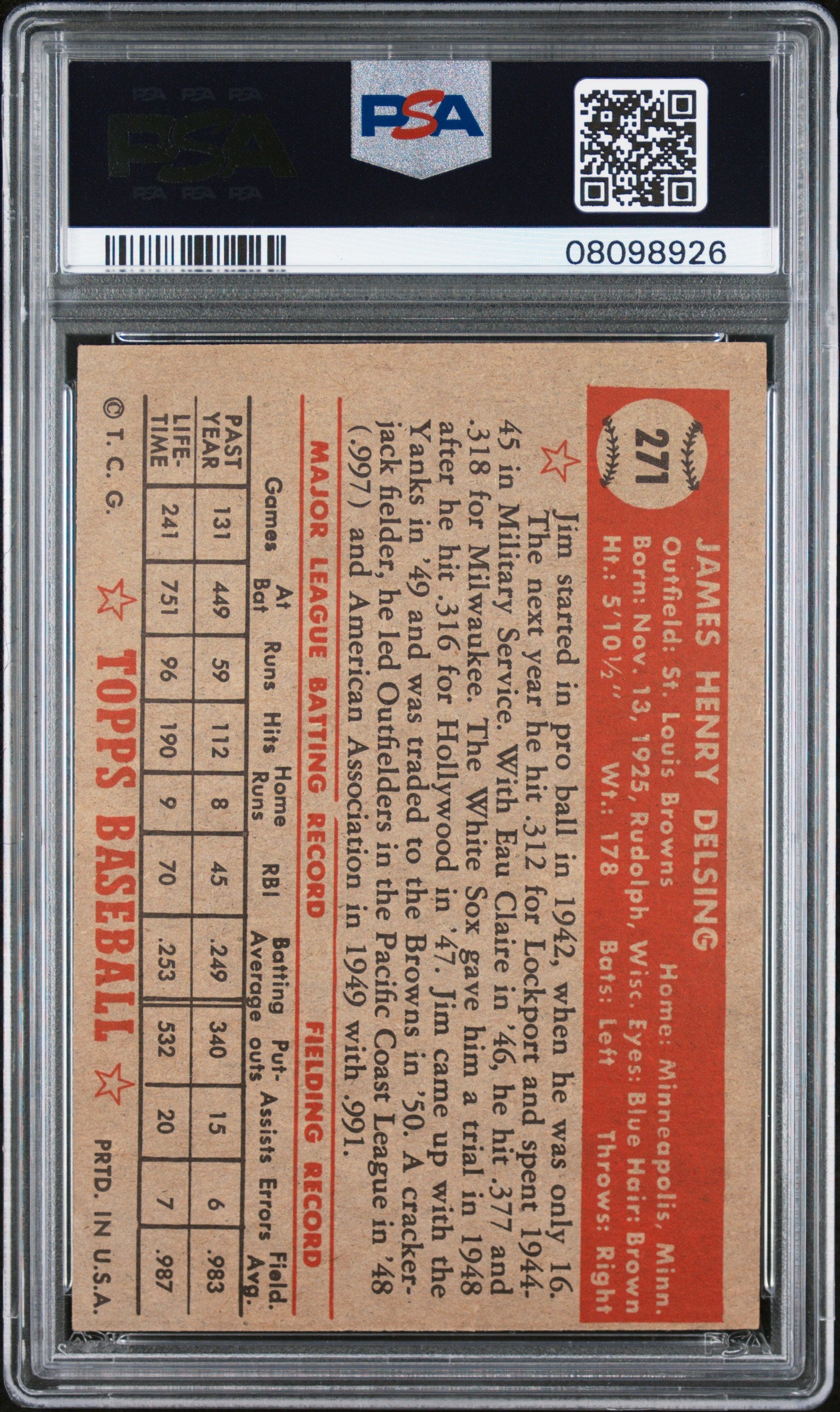 1952 Topps Jim Delsing #271 PSA 7