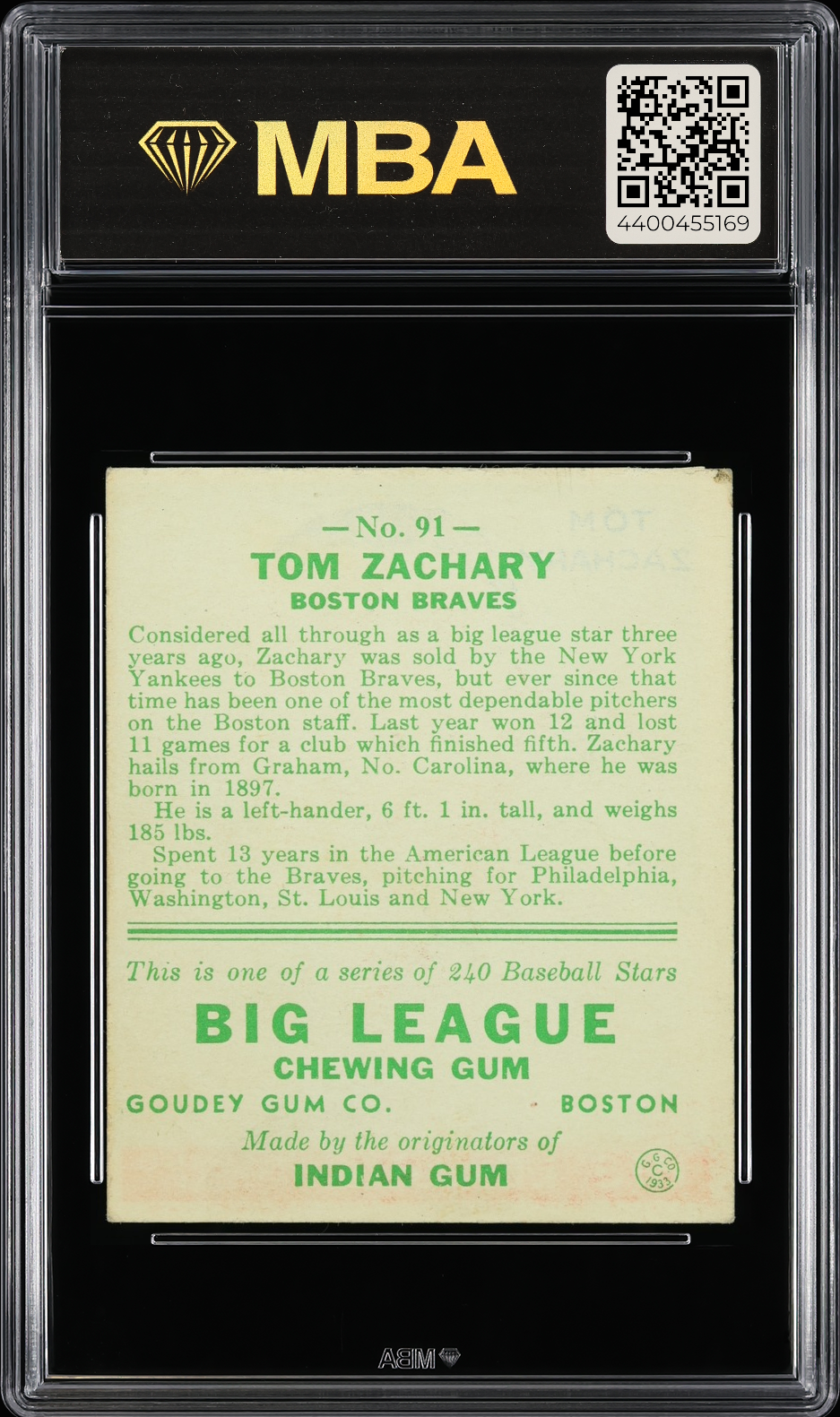 1933 Goudey Tom Zachary #91 MBA 4