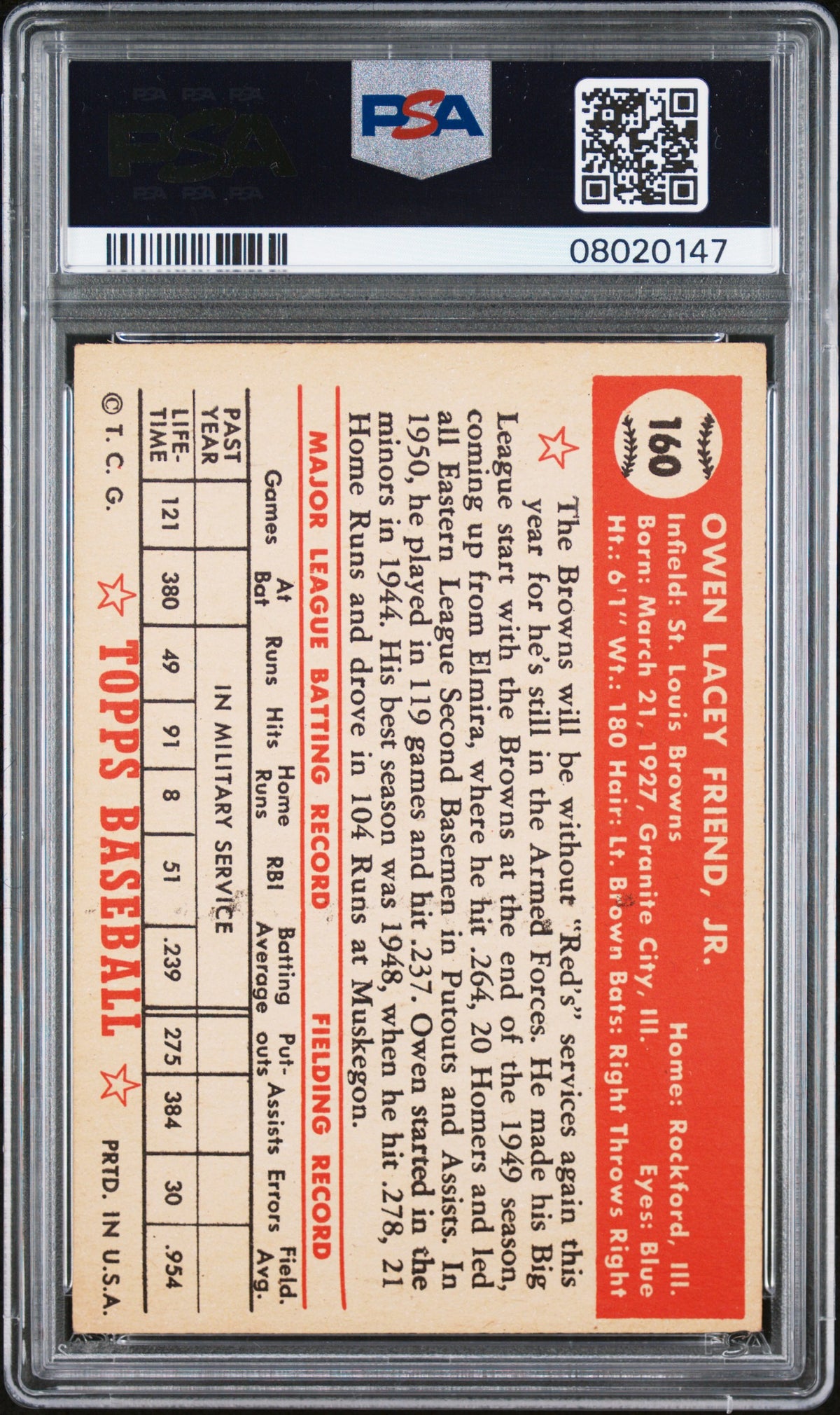 1952 Topps Owen Friend #160 PSA 7