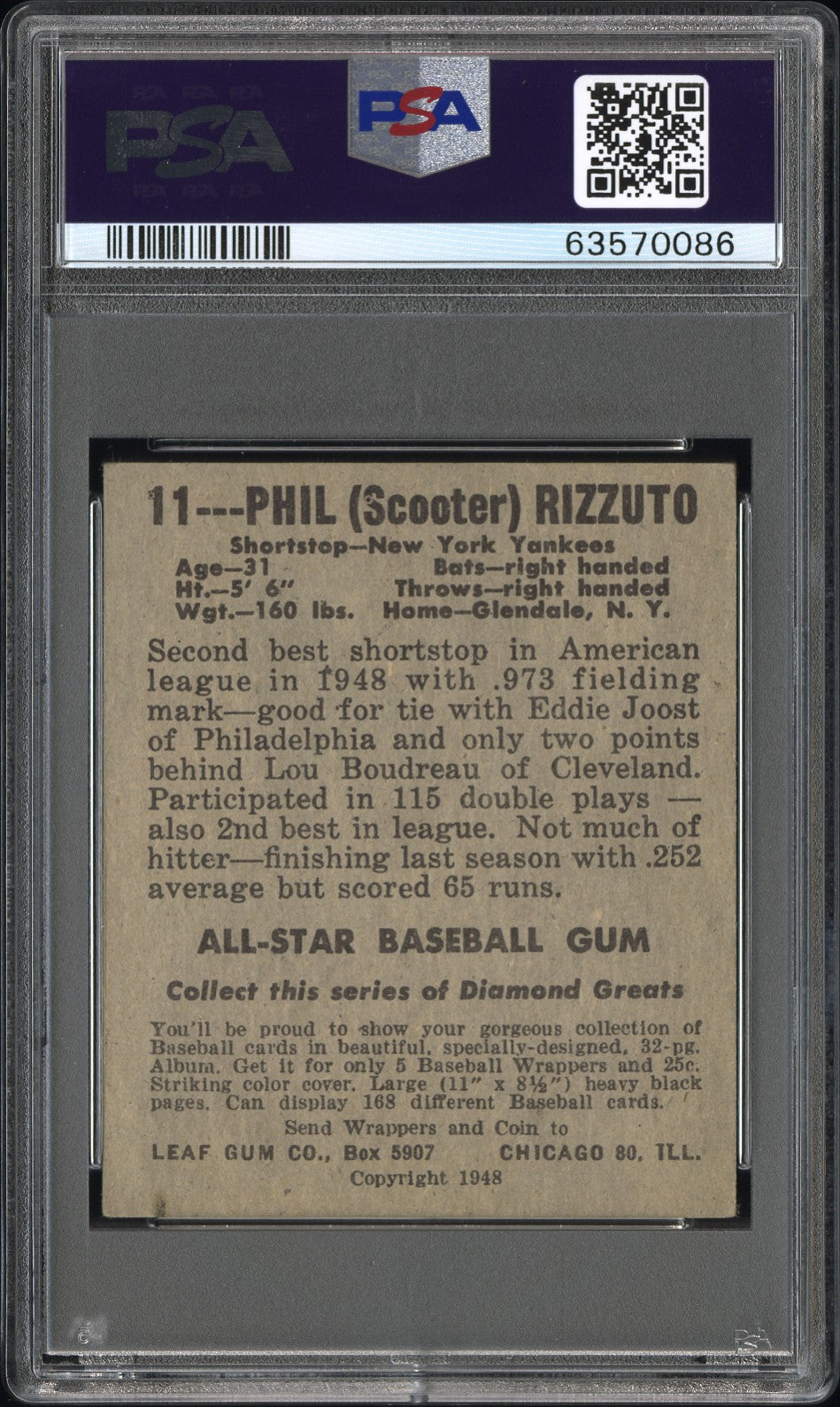 1948 Leaf Phil Rizzuto #11 PSA 4
