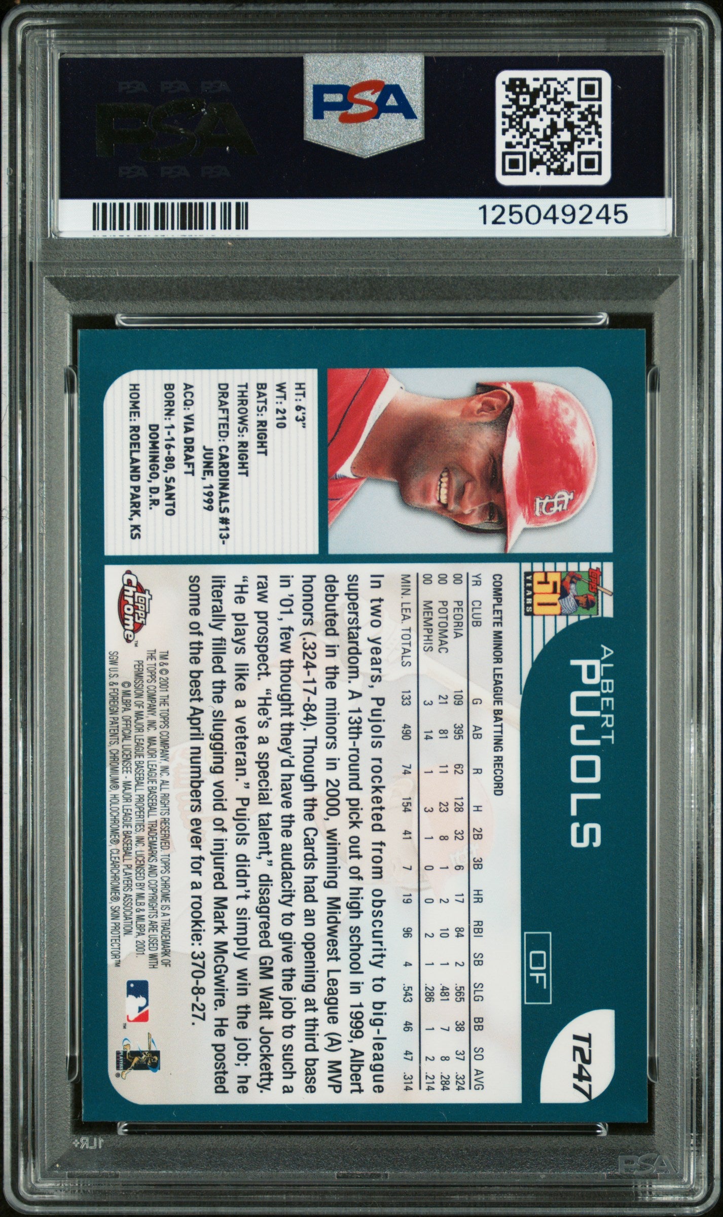 2001 Topps Chrome Traded Albert Pujols #T247 PSA 9 Auto 10