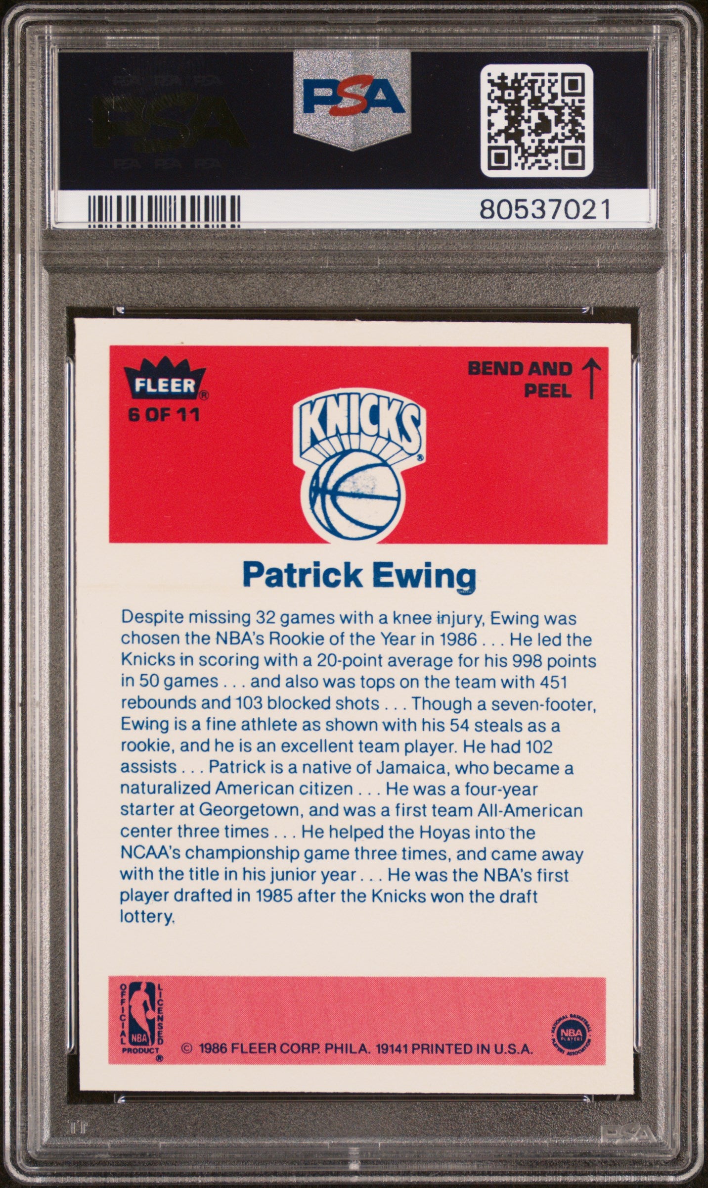 1986 Fleer Sticker Patrick Ewing #6 PSA 8