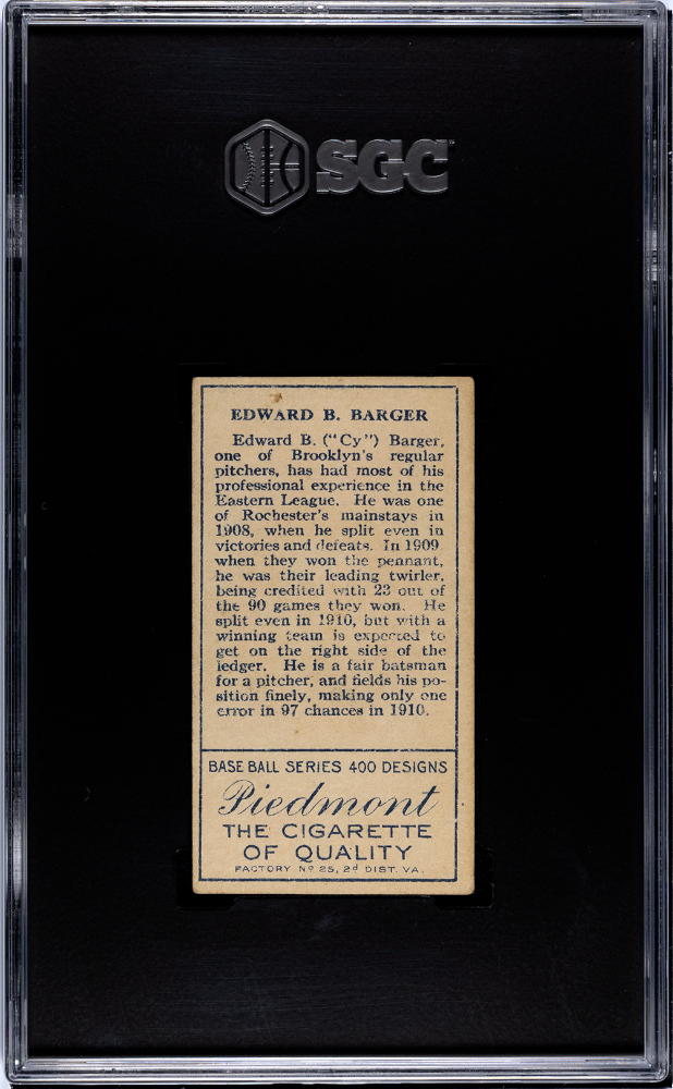 1911 Piedmont Cigarettes (T205) Edward Barger Full "B" Cap SGC 4