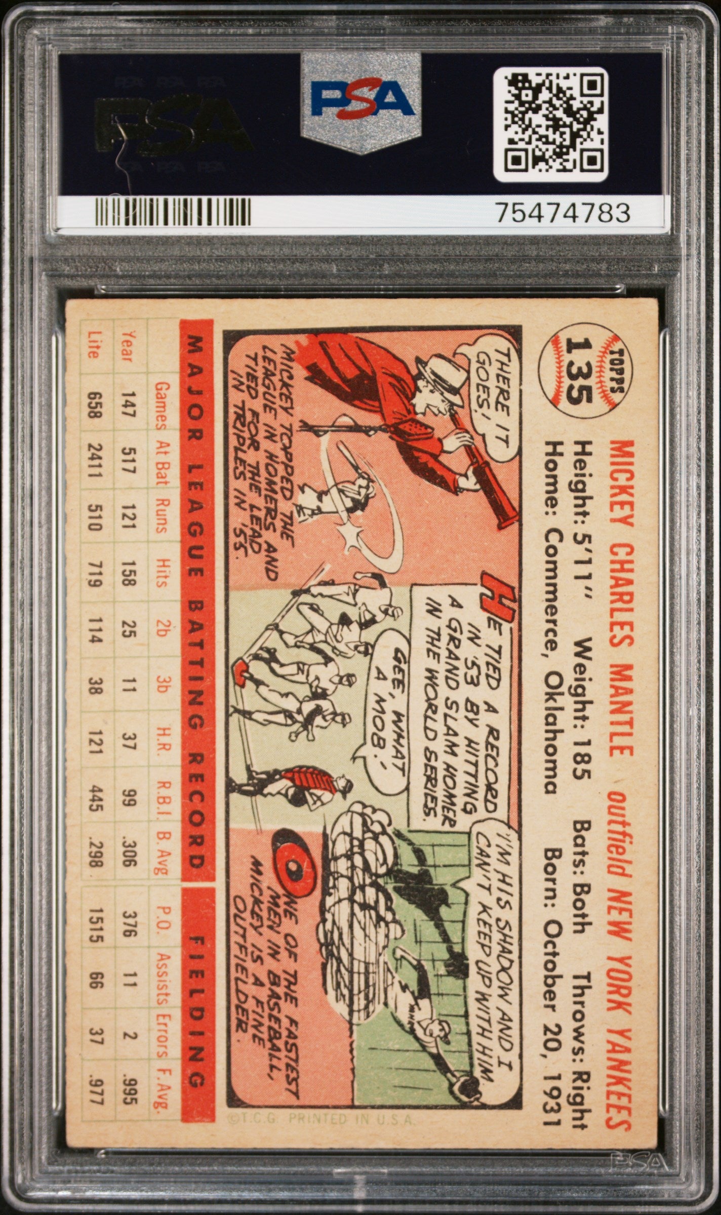 1956 Topps Mickey Mantle #135 White Back PSA 3.5