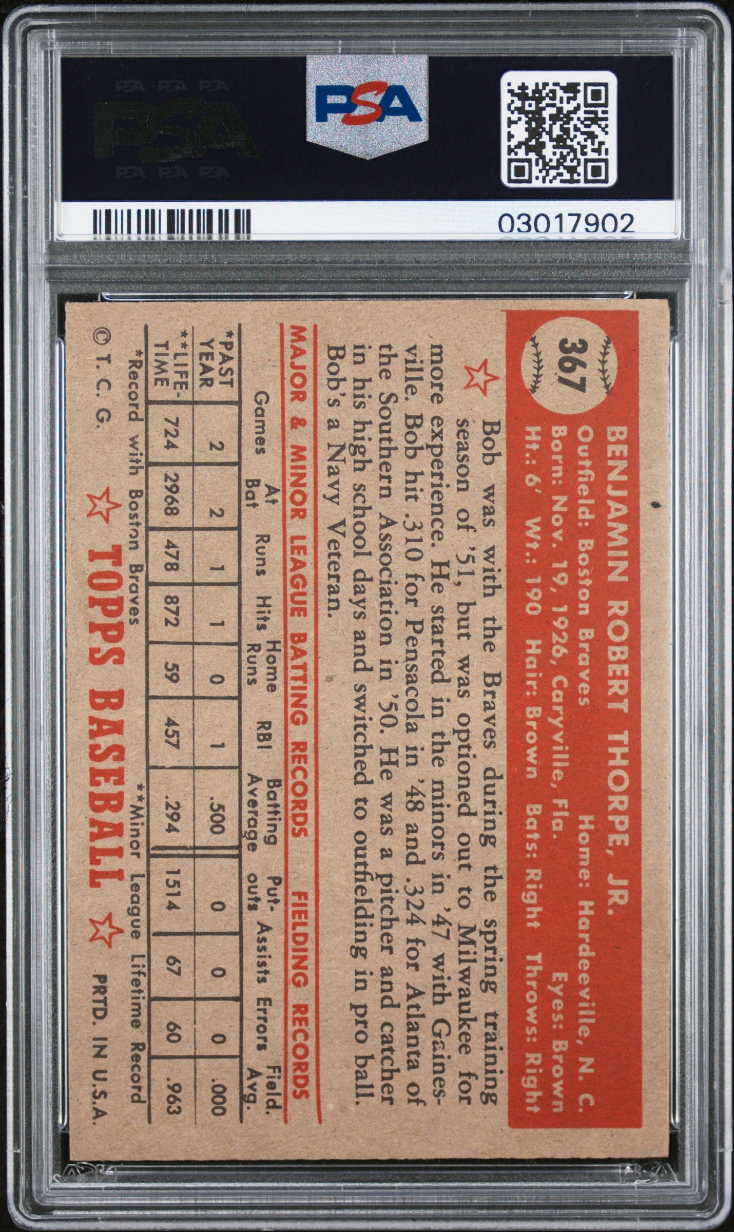 1952 Topps Bob Thorpe #367 PSA 7