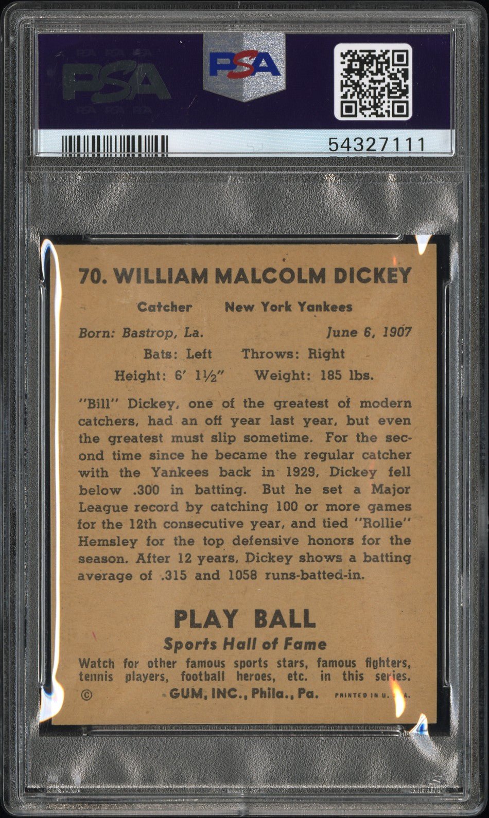 1941 Play Ball Bill Dickey #70 PSA 7