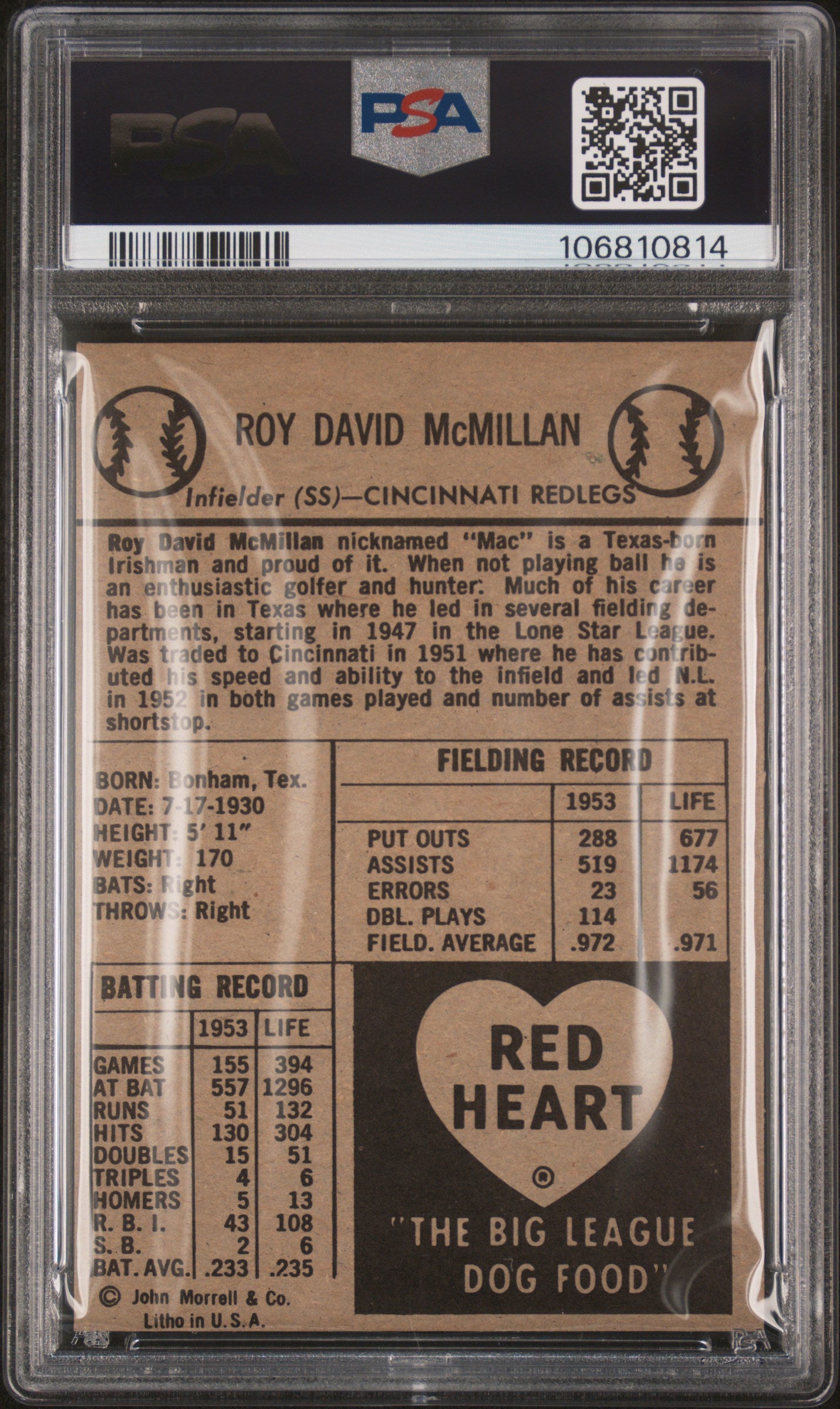 1954 Red Heart Roy Mcmillan PSA 9