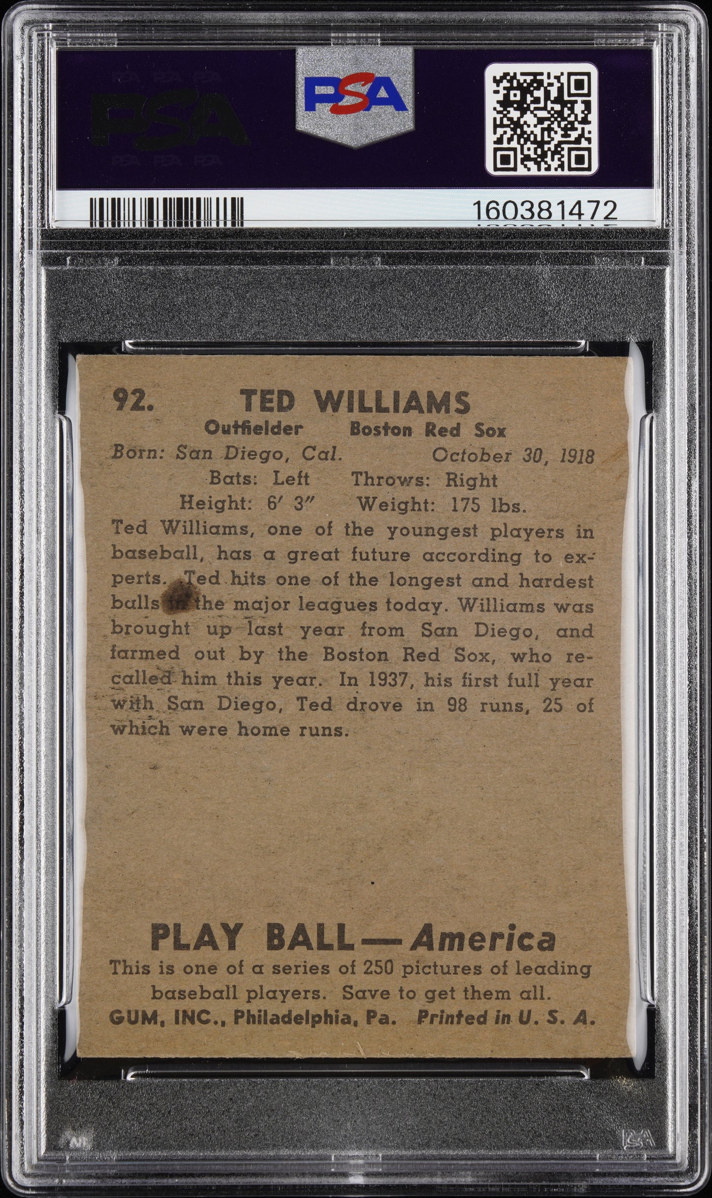 1939 Play Ball Ted Williams #92 PSA 4