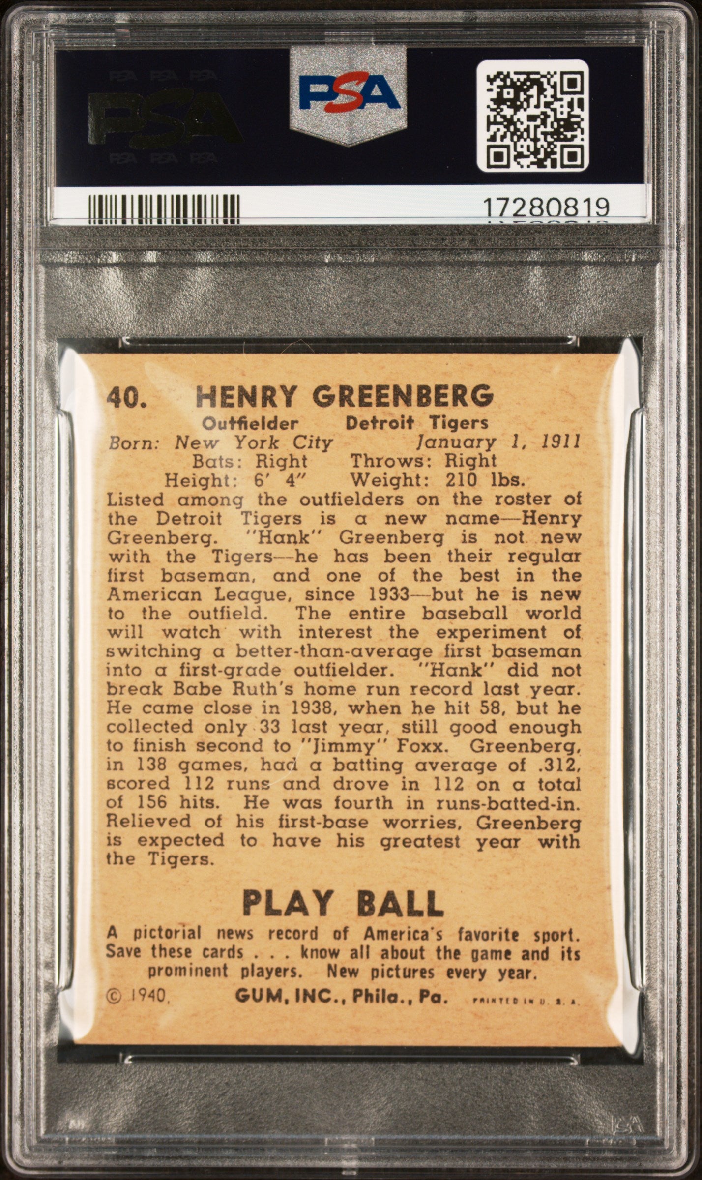 1940 Play Ball Hank Greenberg #40 PSA 7