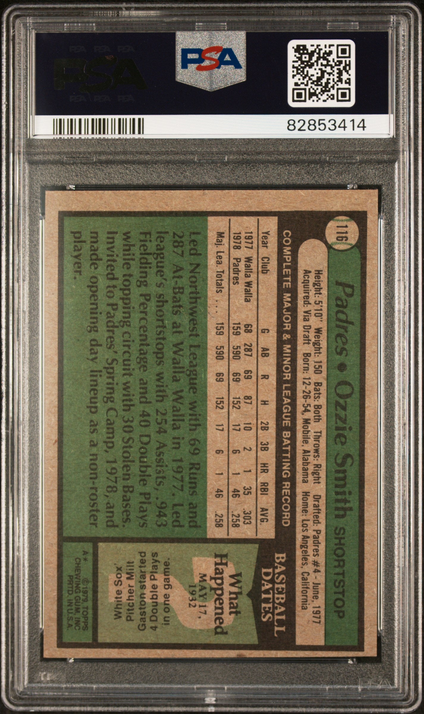 1979 Topps Ozzie Smith #116 PSA 7