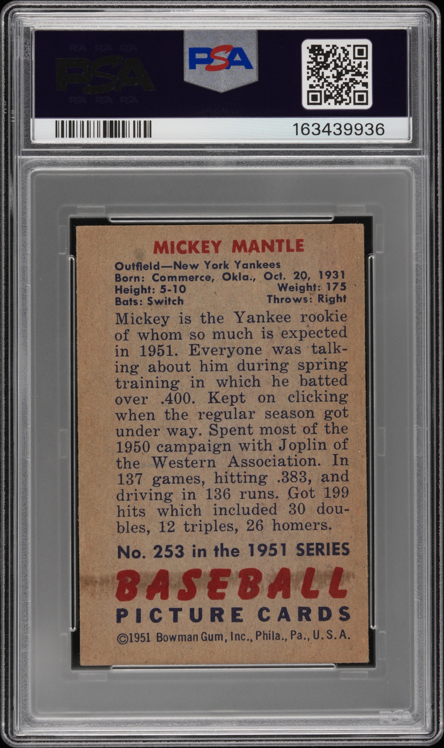 1951 Bowman Mickey Mantle #253 PSA A
