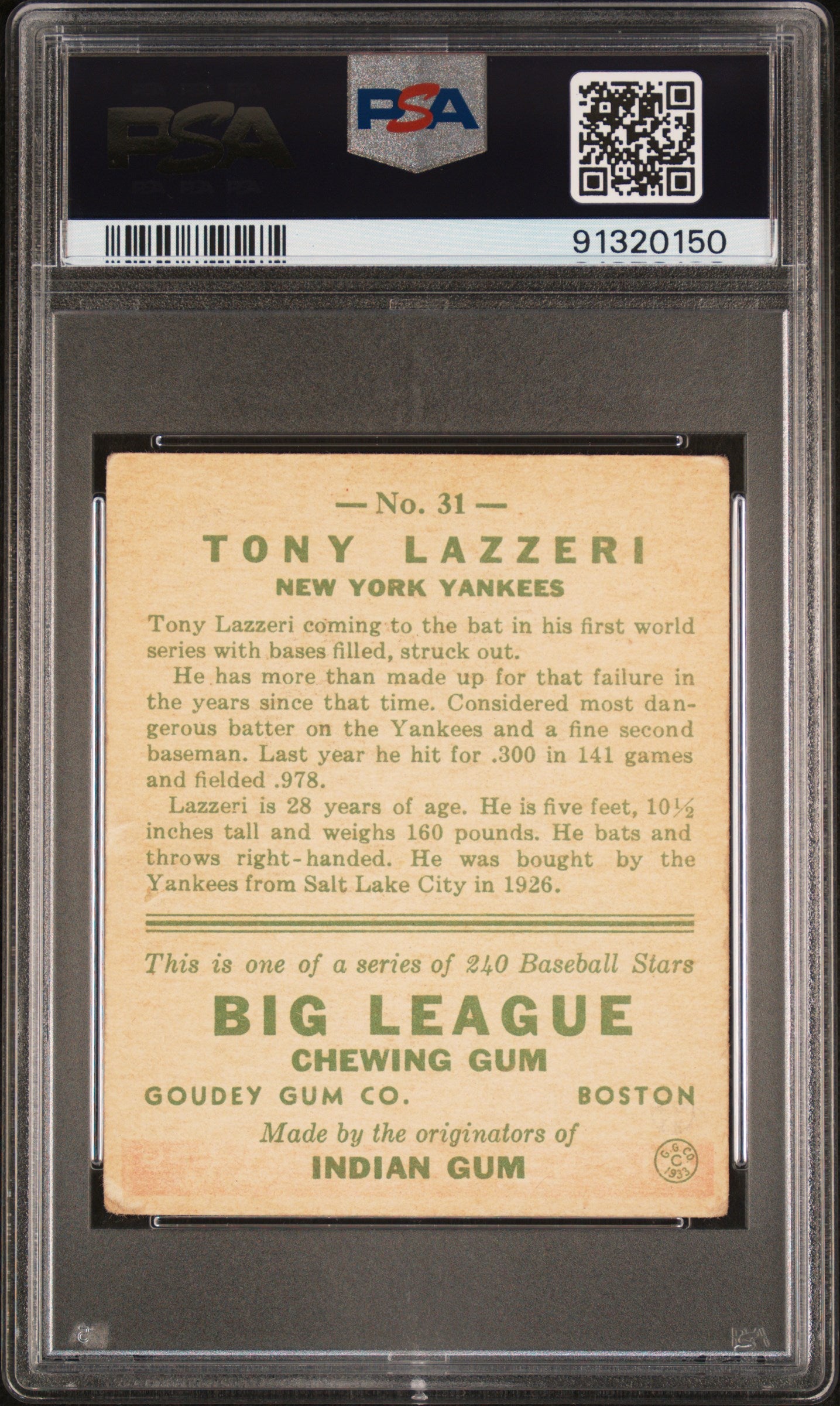 1933 Goudey Tony Lazzeri #31 PSA 3