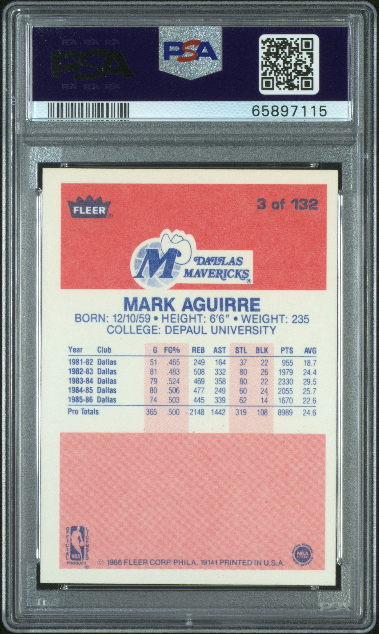 1986 Fleer Mark Aguirre #3 PSA 9