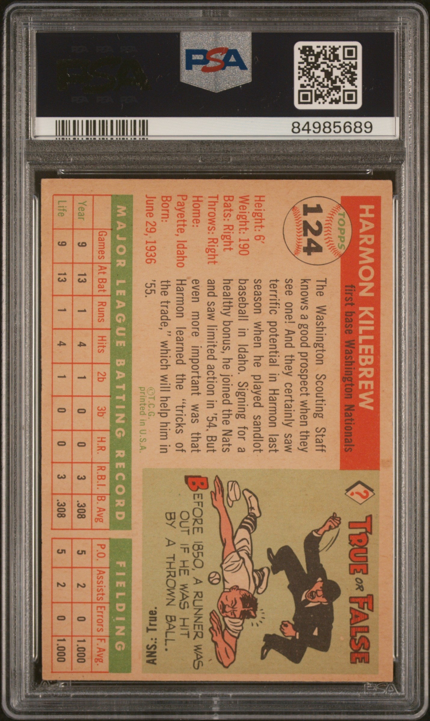 1955 Topps Harmon Killebrew #124 PSA 3 Auto 6