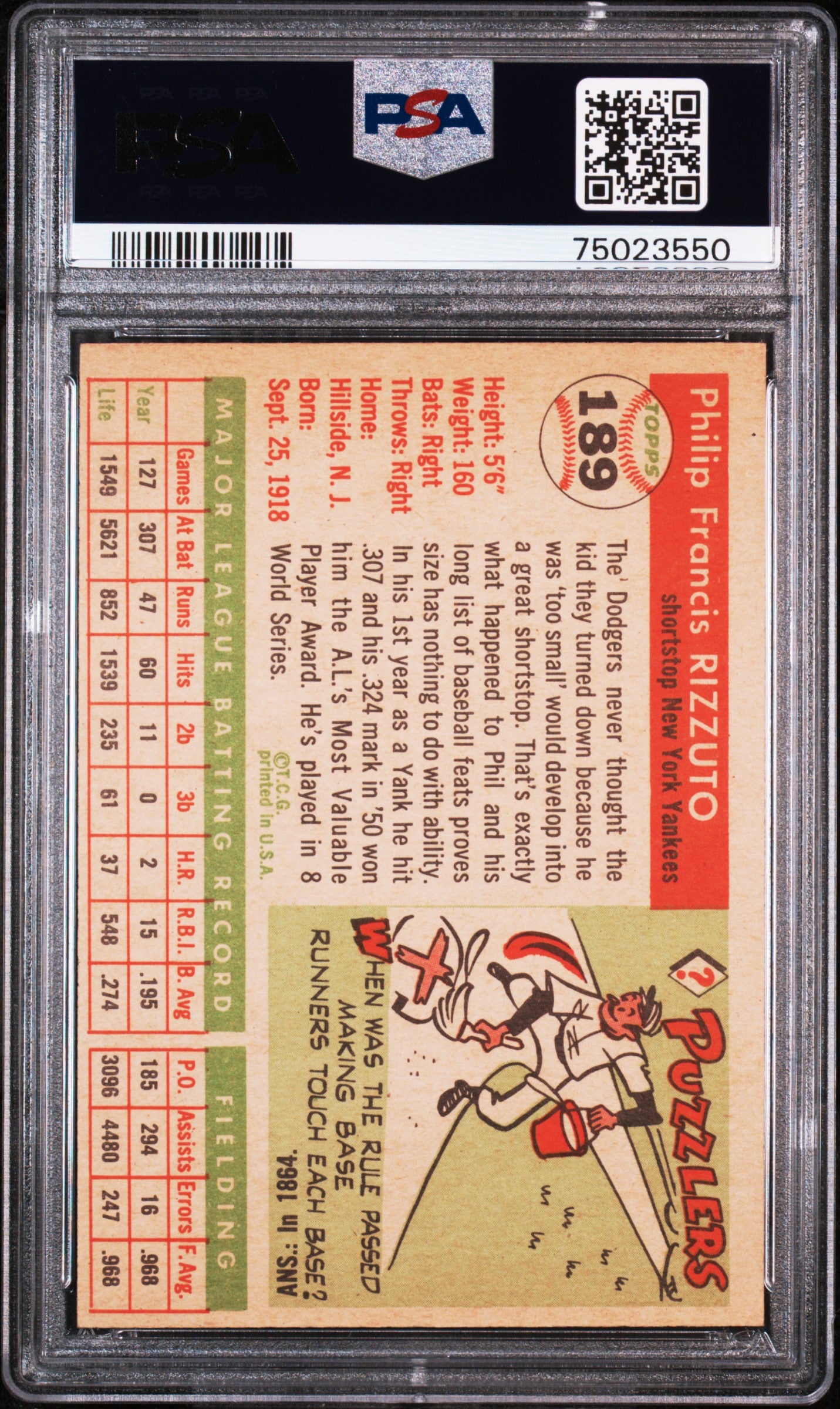 1955 Topps Phil Rizzuto #189 Oc PSA 9