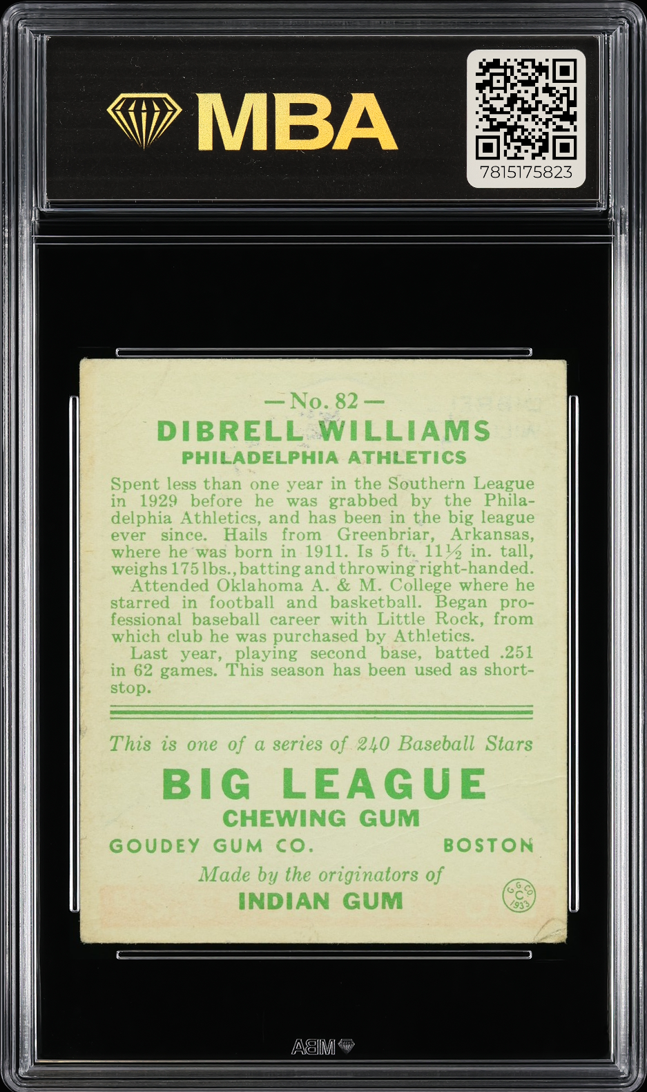 1933 Goudey Dibrell Williams #82 MBA 3