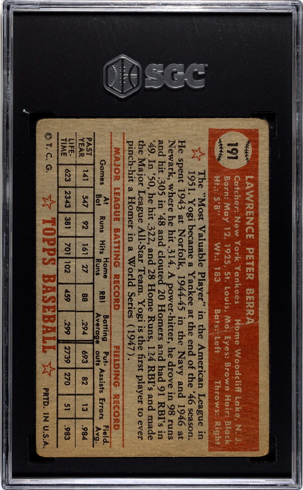1952 Topps Yogi Berra #191 SGC 1