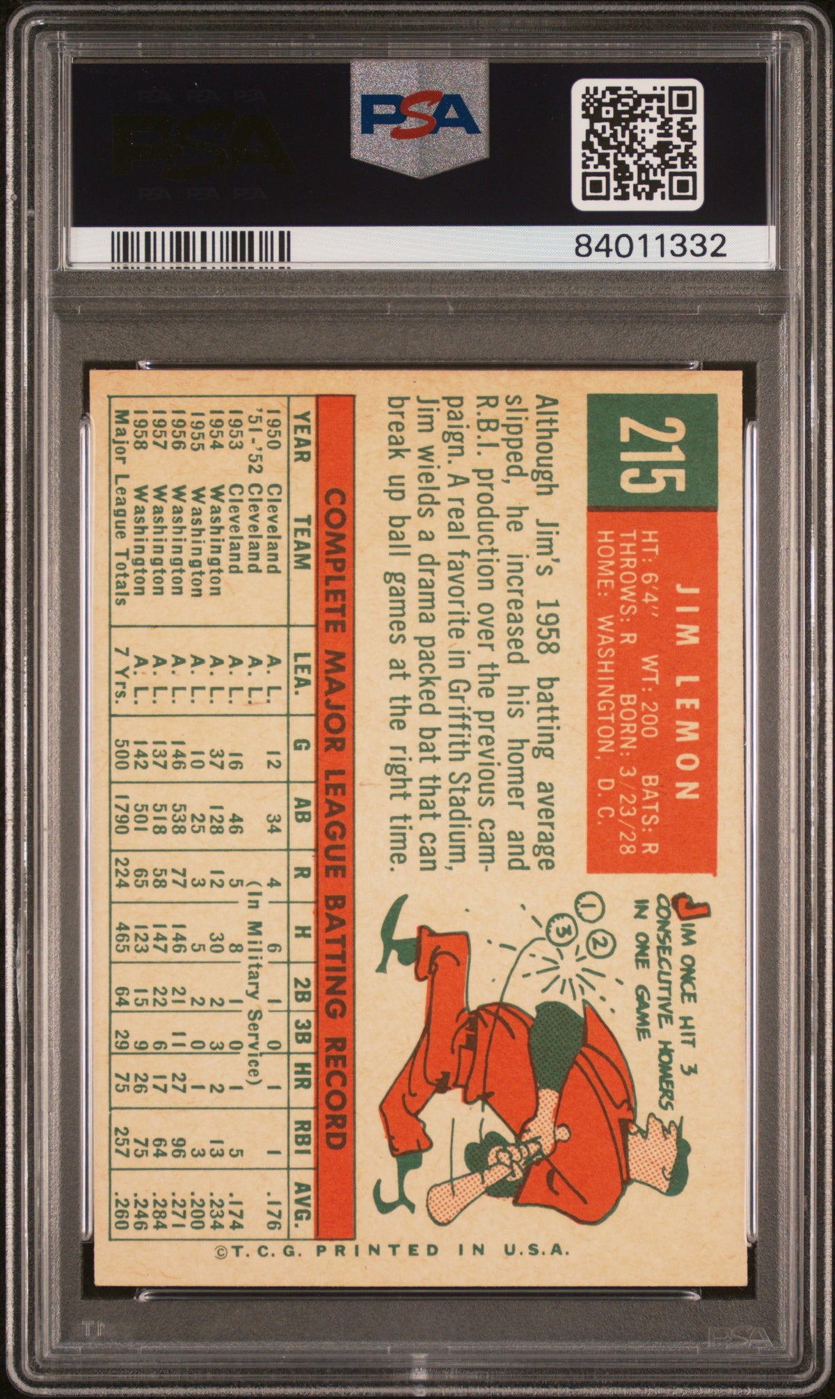 1959 Topps Jim Lemon #215 White Back PSA 8