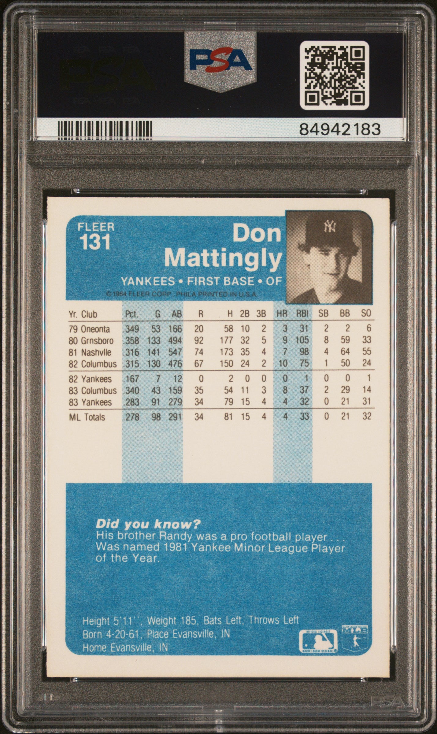 1984 Fleer Don Mattingly #131 PSA 9 Auto 10