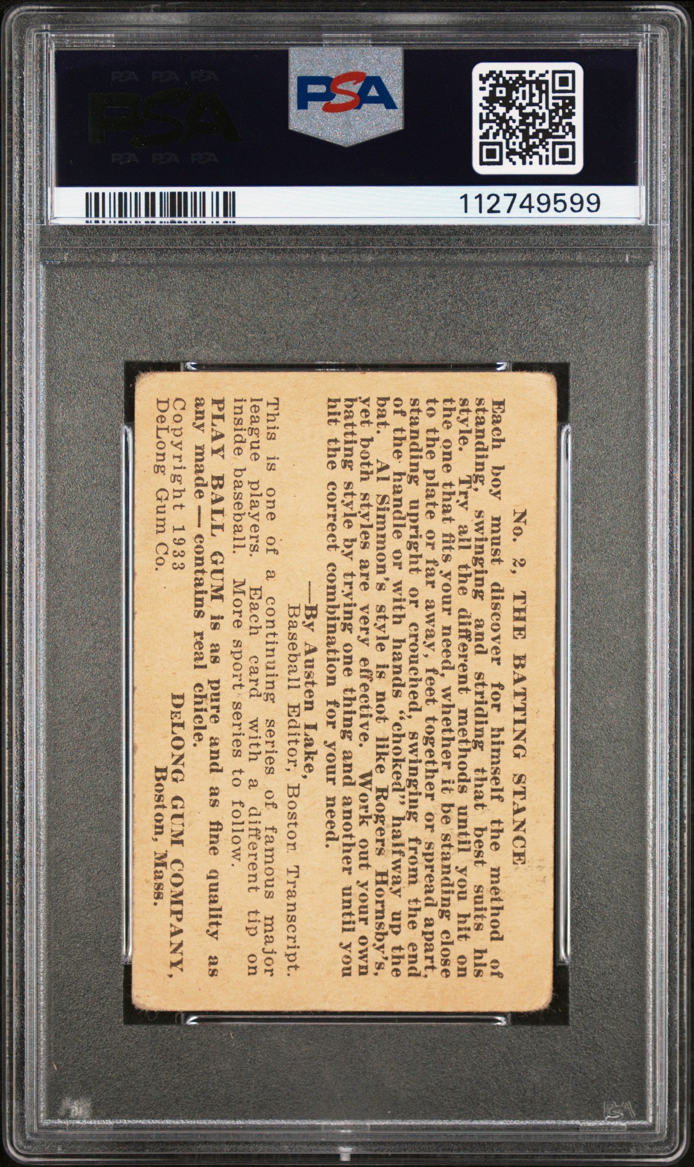 1933 Delong Al Simmons #2 PSA 2