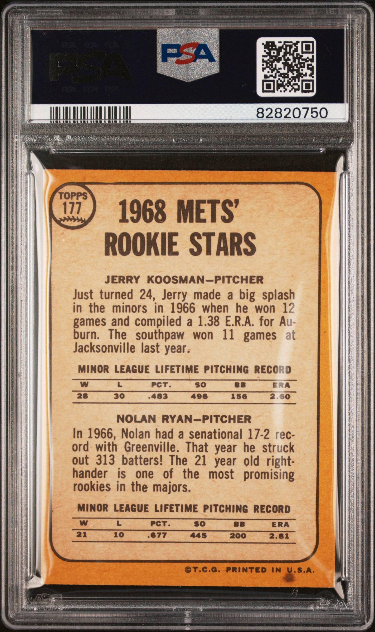 1968 Topps Mets Rookies #177 J. Koosman N. Ryan PSA 7