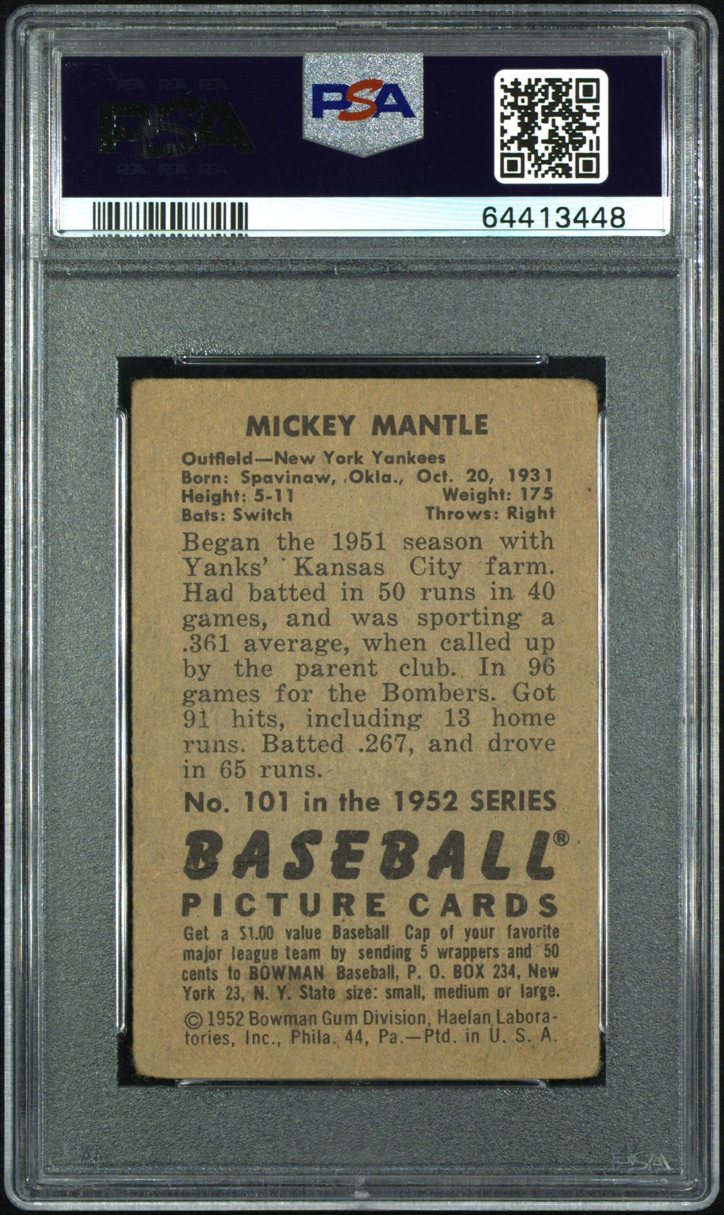 1952 Bowman Mickey Mantle #101 PSA 1
