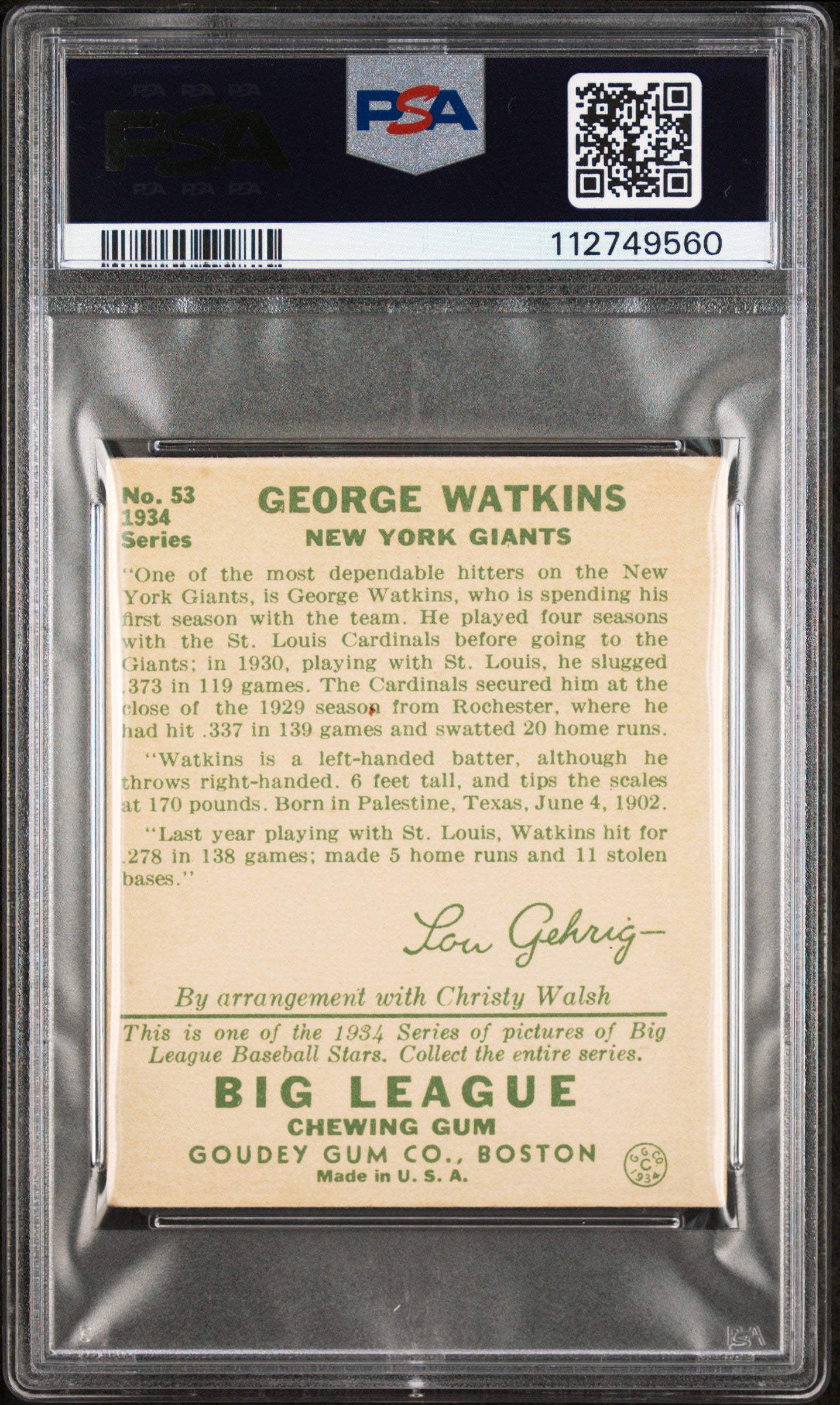 1934 Goudey George Watkins #53 PSA 4