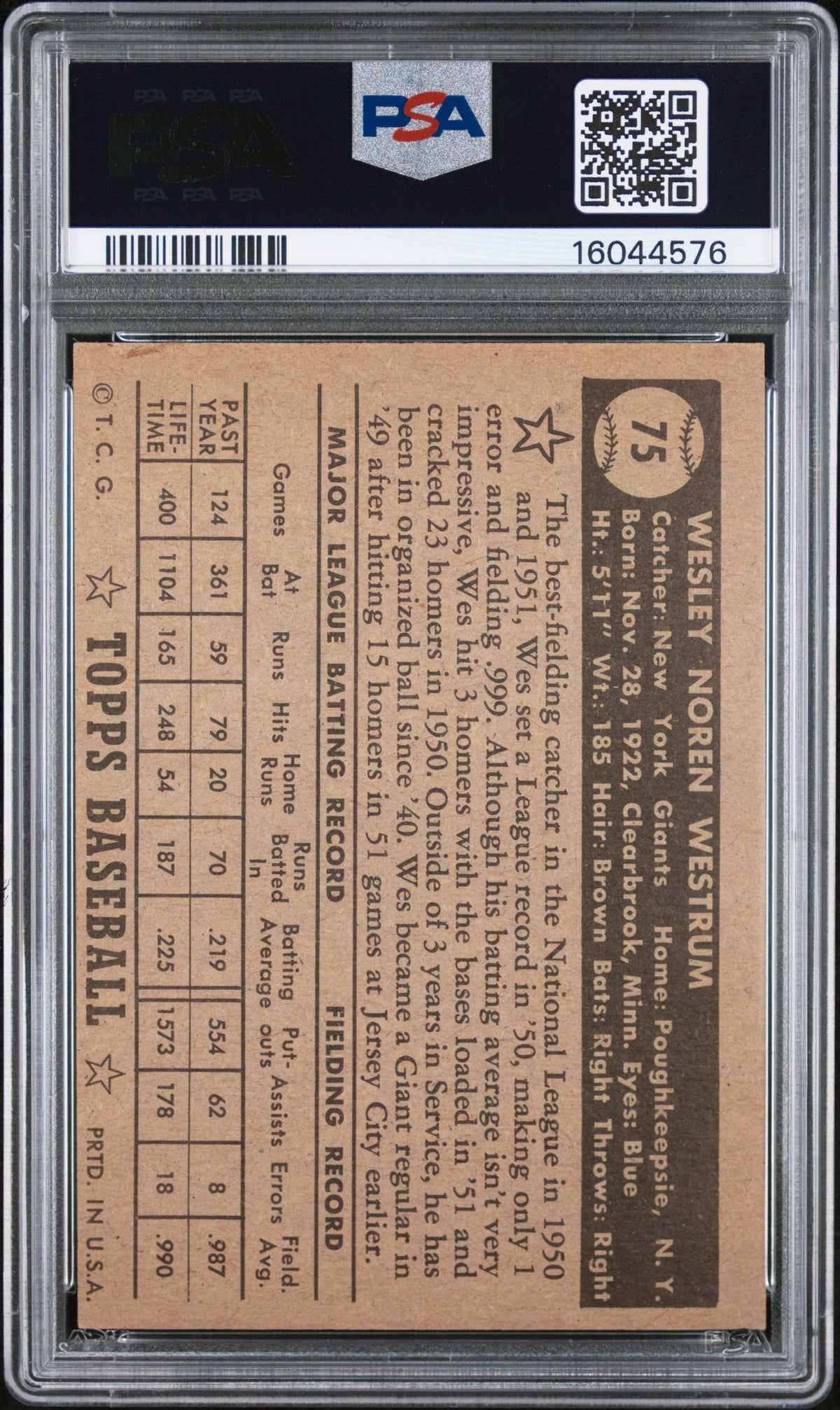 1952 Topps Wes Westrum #75 Black Back PSA 7