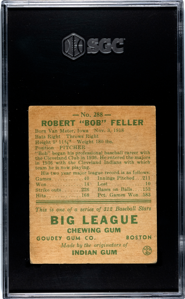 1938 Goudey Heads Up Bob Feller #288 SGC 3