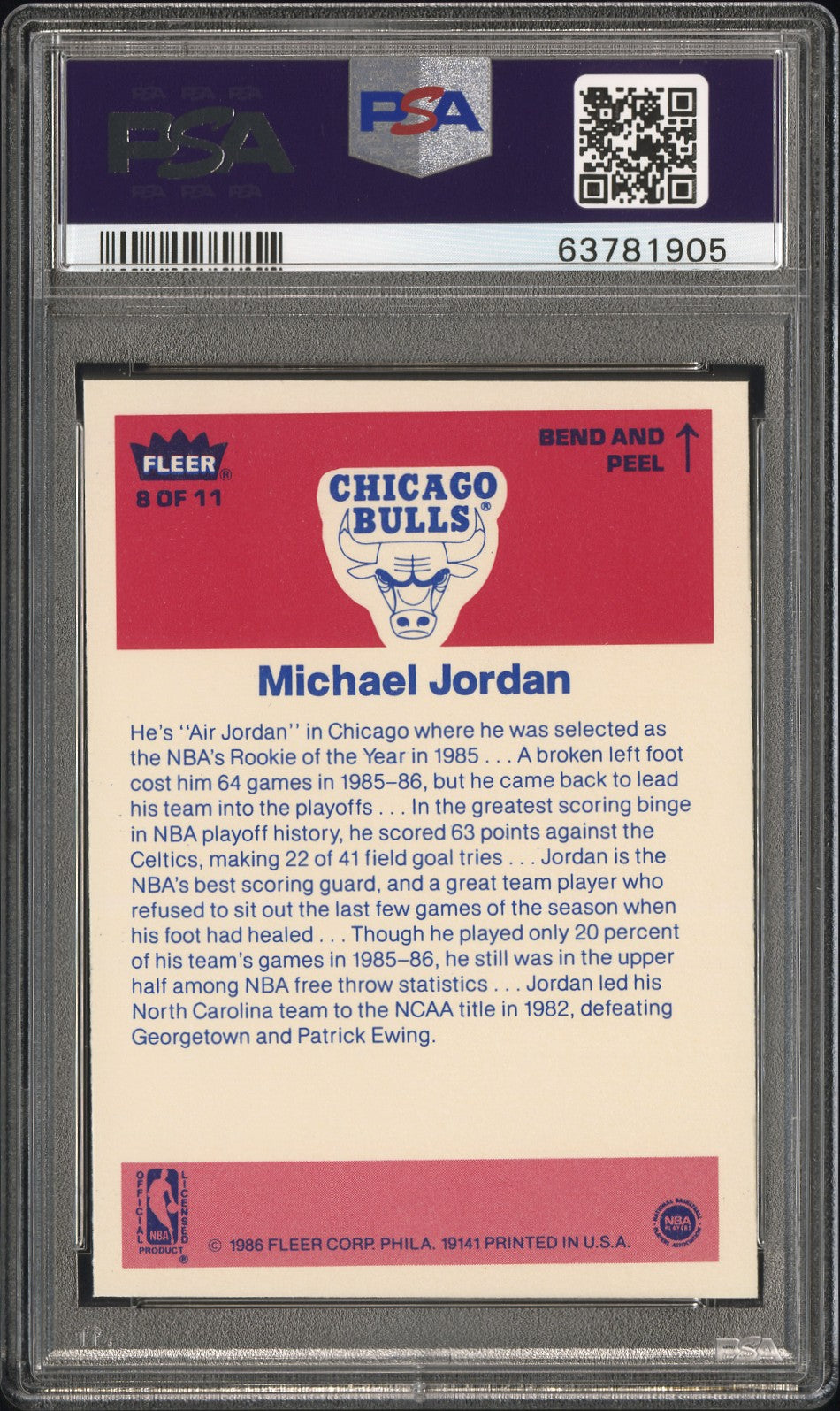 1986 Fleer Sticker Michael Jordan #8 PSA 8
