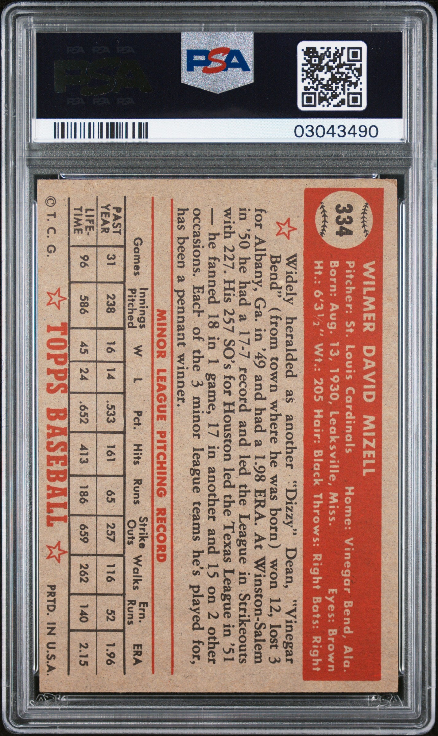 1952 Topps Wilmer Mizell #334 PSA 7