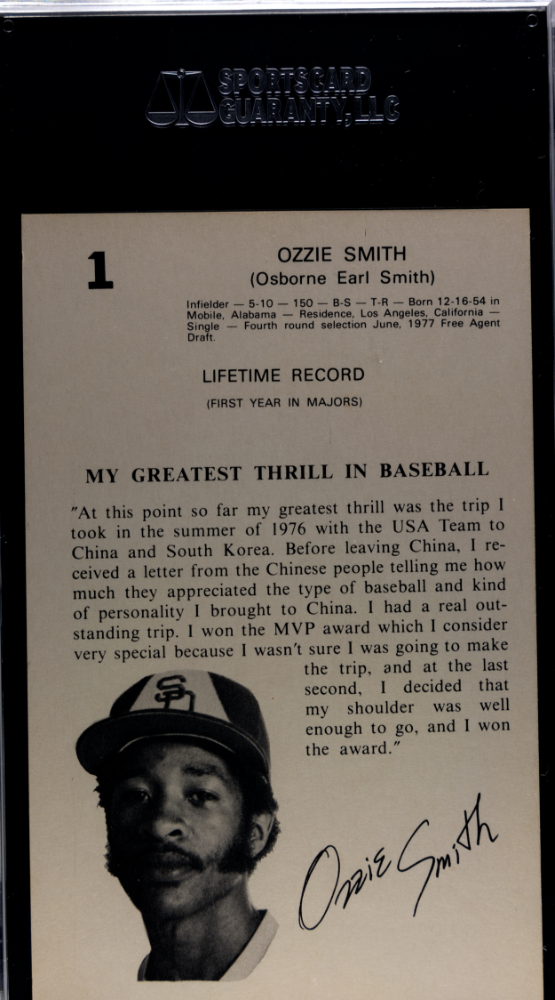 1978 Family Fun Centers Ozzie Smith #1 SGC 6.5