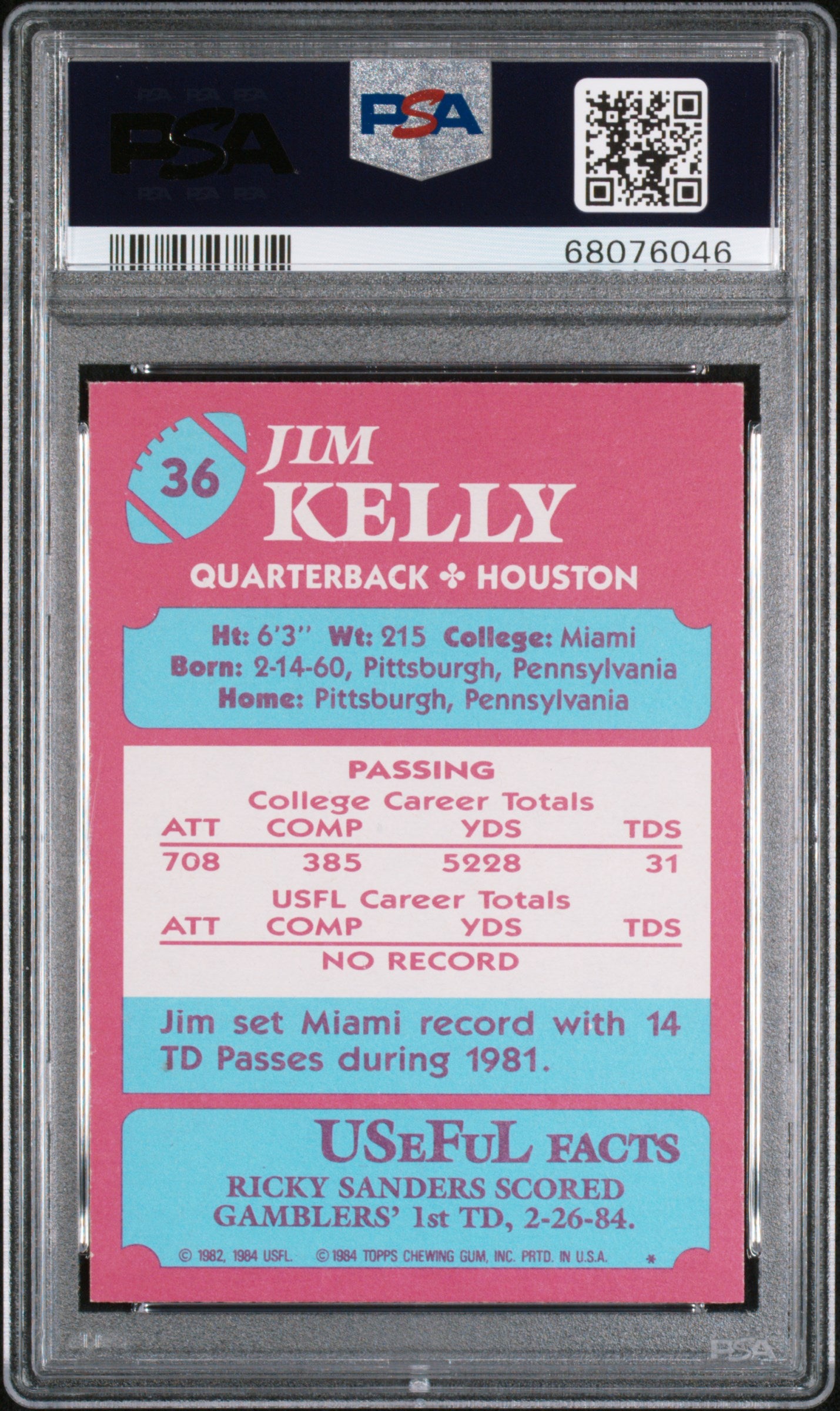 1984 Topps Usfl Jim Kelly #36 PSA 9