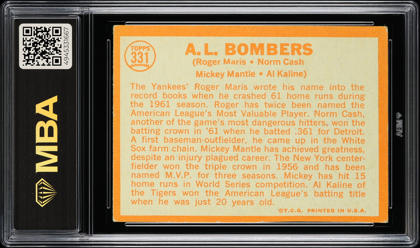 1964 Topps A.L. Bombers #331 Maris, Cash, Mantle, Kaline MBA Authentic Altered