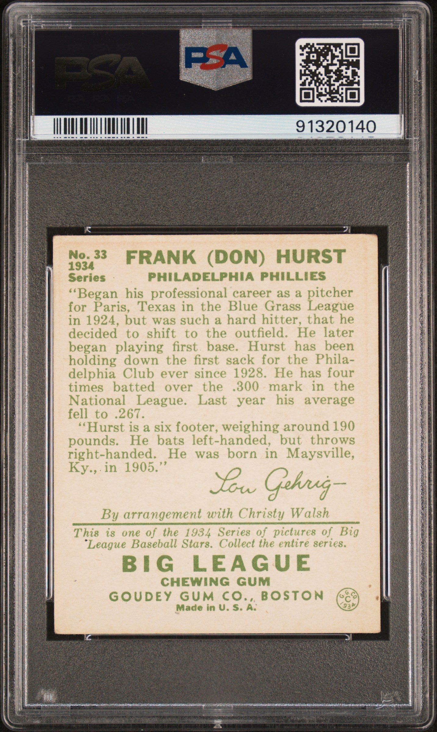 1934 Goudey Don Hurst #33 PSA 4