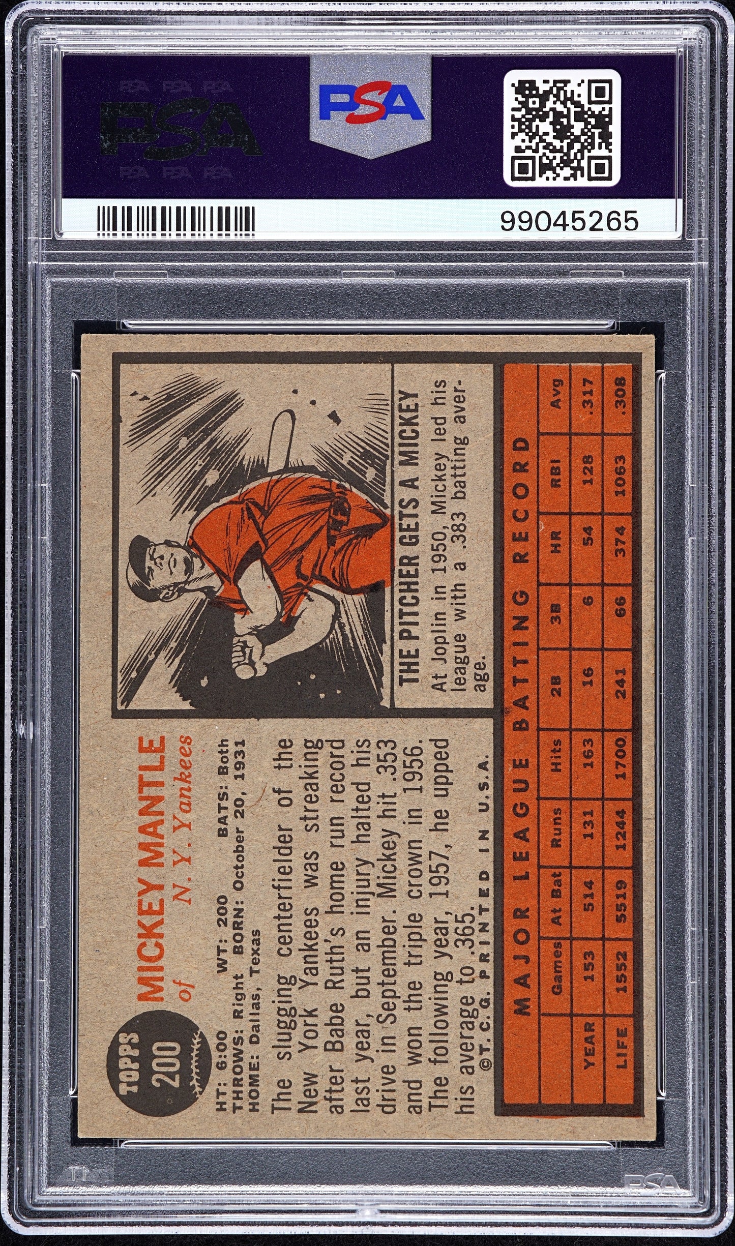 1962 Topps Mickey Mantle #200 PSA A Auto 10