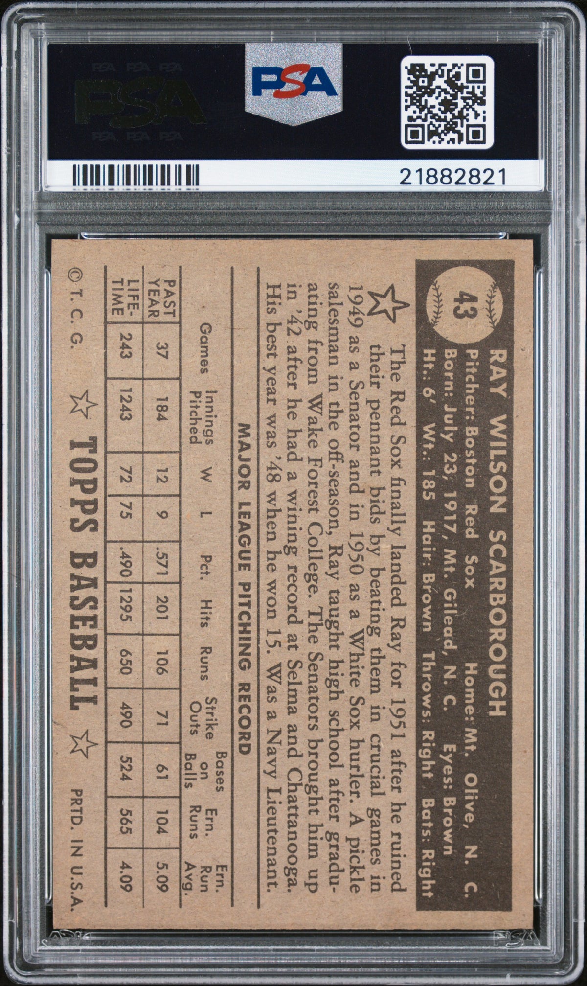 1952 Topps Ray Scarborough #43 Black Back PSA 7