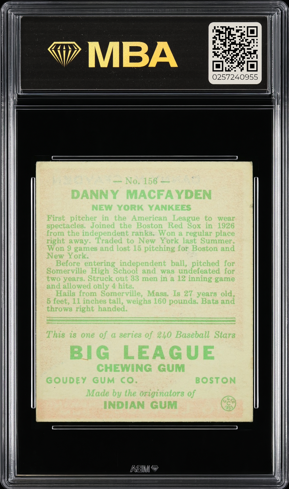 1933 Goudey Danny MacFayden #156 (Correct spelling MacFayden) MBA 3