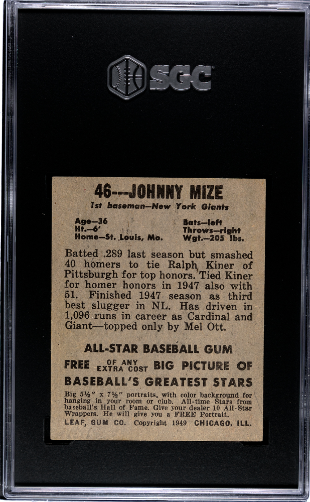 1948 Leaf Gum Co. Johnny Mize #46 SGC 3