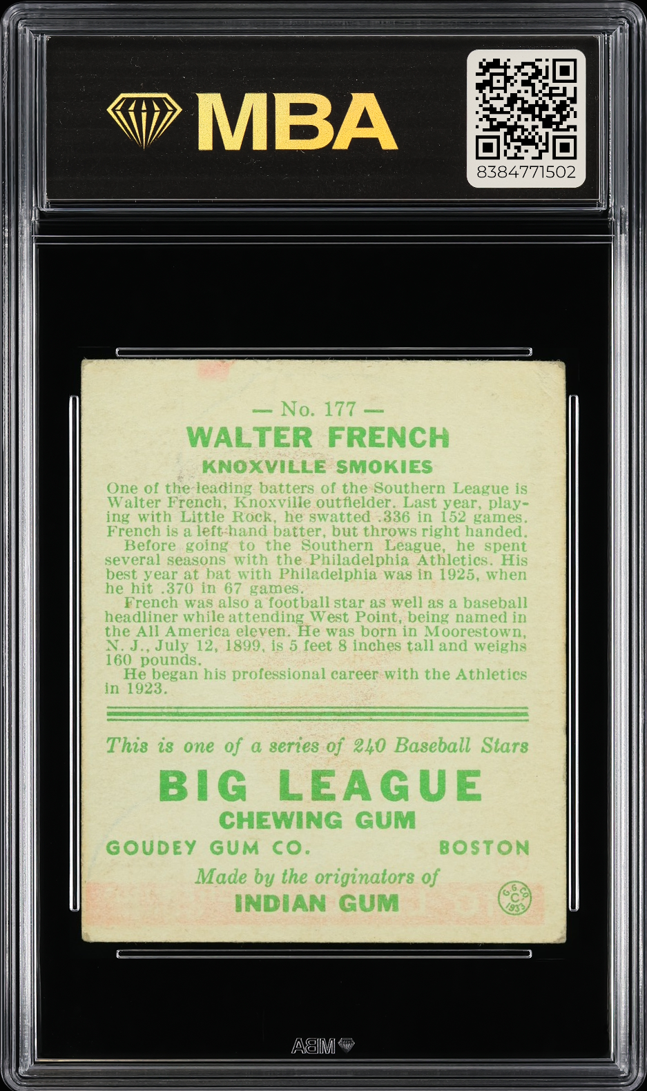 1933 Goudey Walter French #177 MBA 3