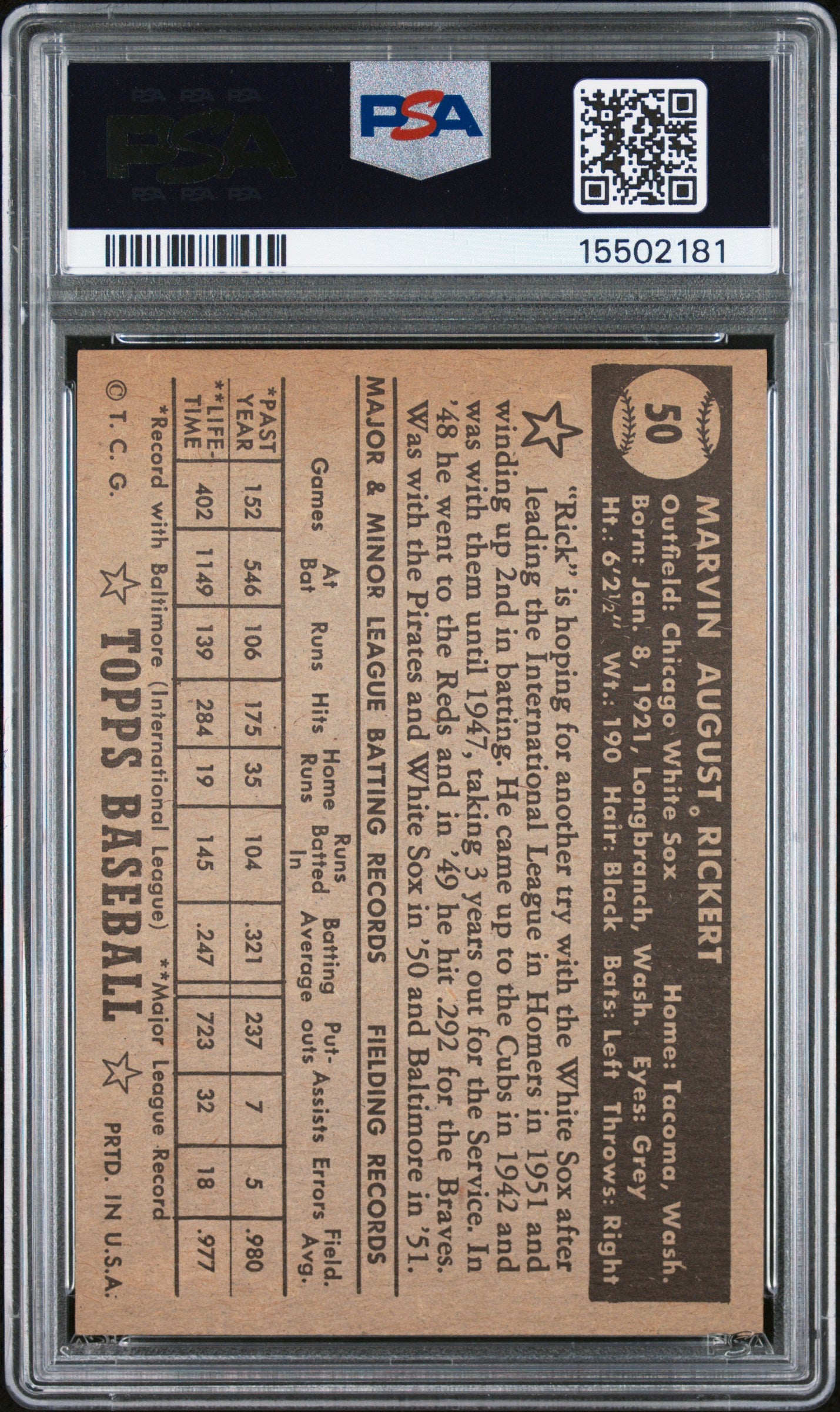 1952 Topps Marv Rickert #50 Black Back PSA 7