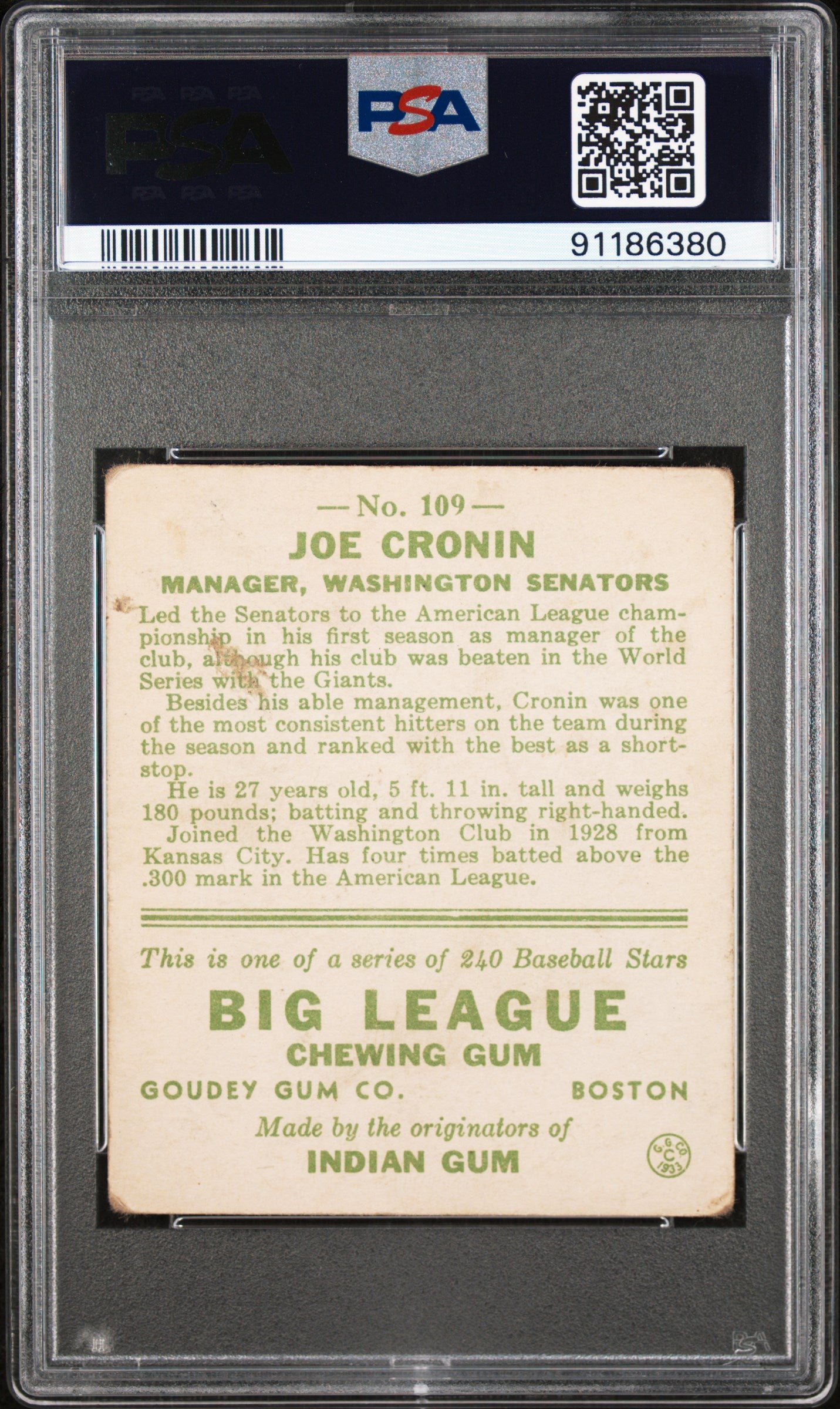 1933 Goudey Joe Cronin #109 PSA 2