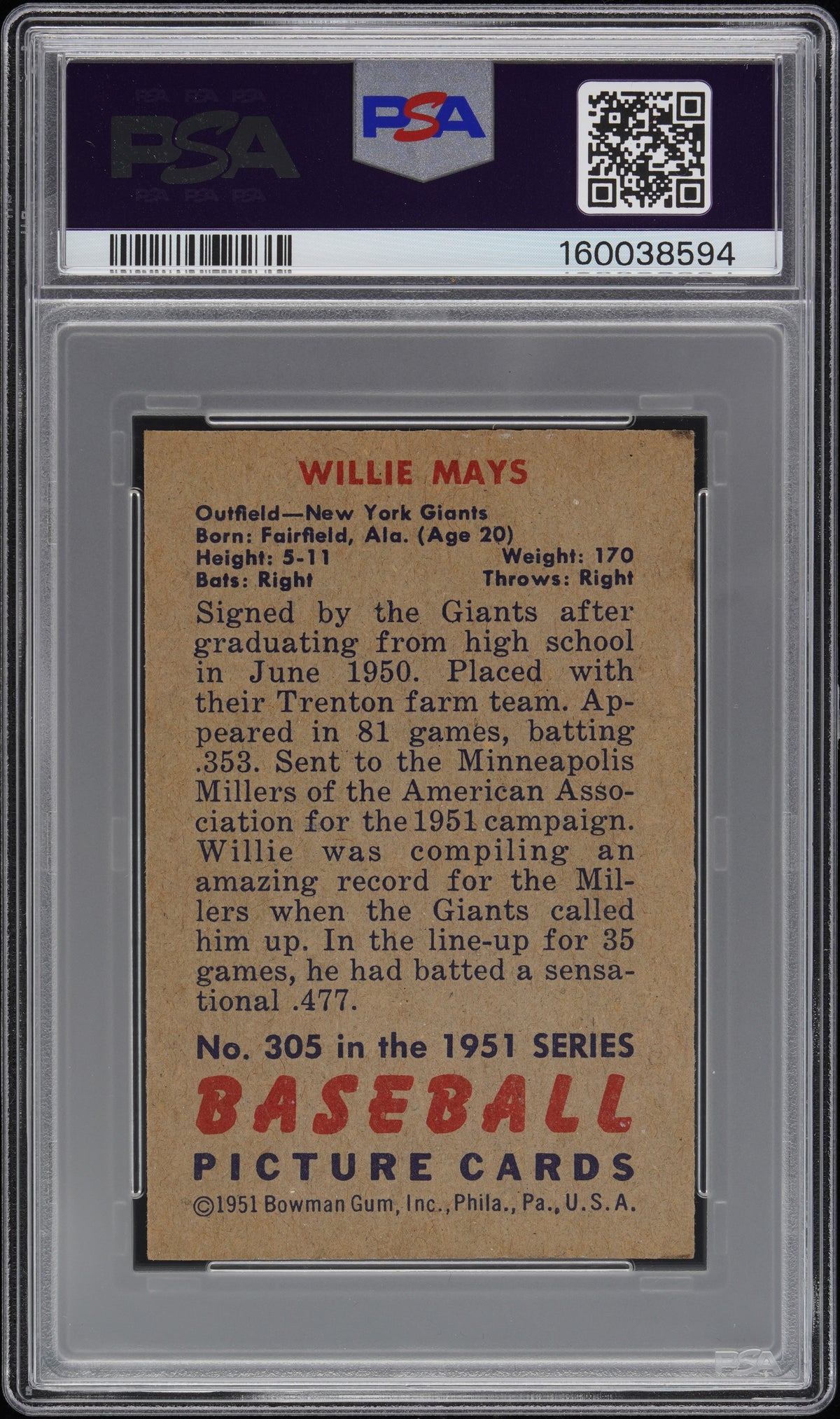1951 Bowman Willie Mays #305 PSA 5