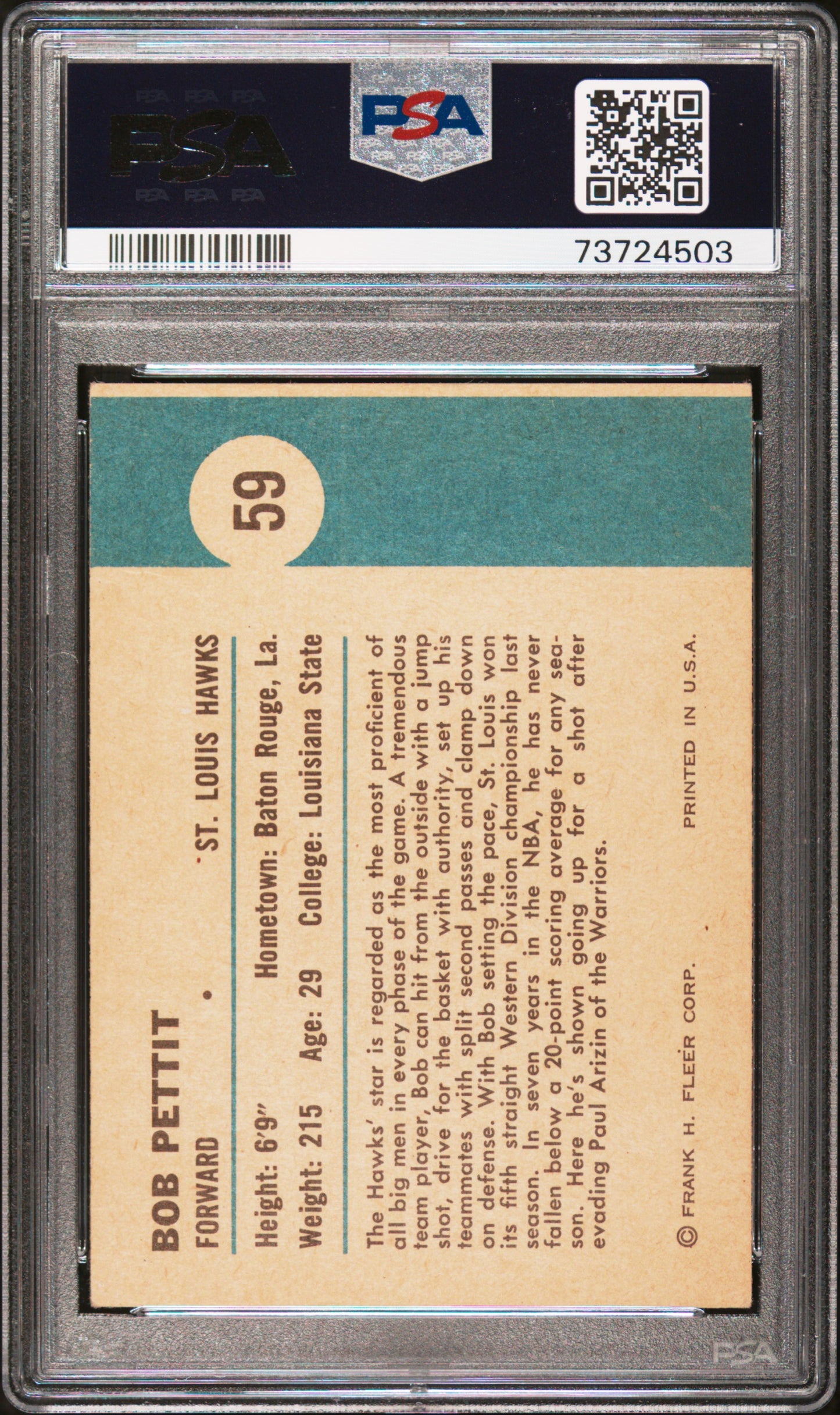 1961 Fleer Bob Pettit #59 In Action PSA 4